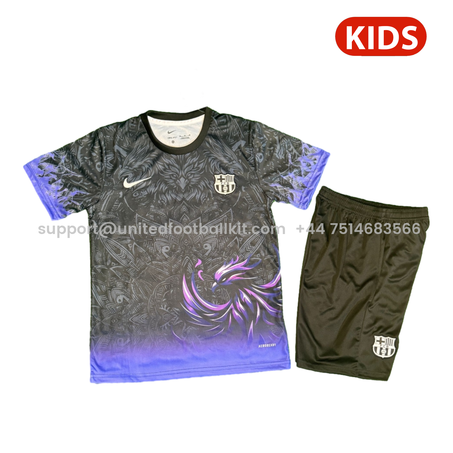 Unitedfootballkit.com | Barcelona 25-26 Purple Bird Black Special Kids Kit -Customize Name, Number and Patch | Worldwide Shipping