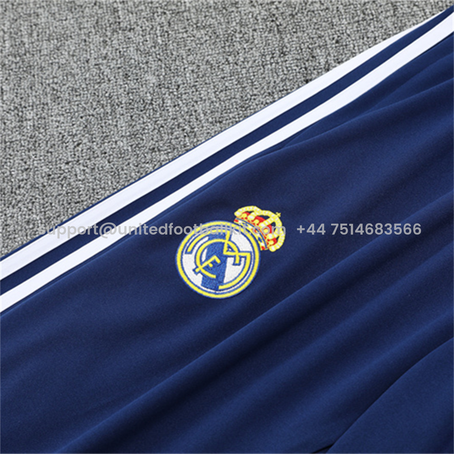 Unitedfootballkit.com | Real Madrid 25-26 Long Sleeve Training Set - Green Line White Top and Blue Pants -Customize Name, Number and Patch | Worldwide Shipping