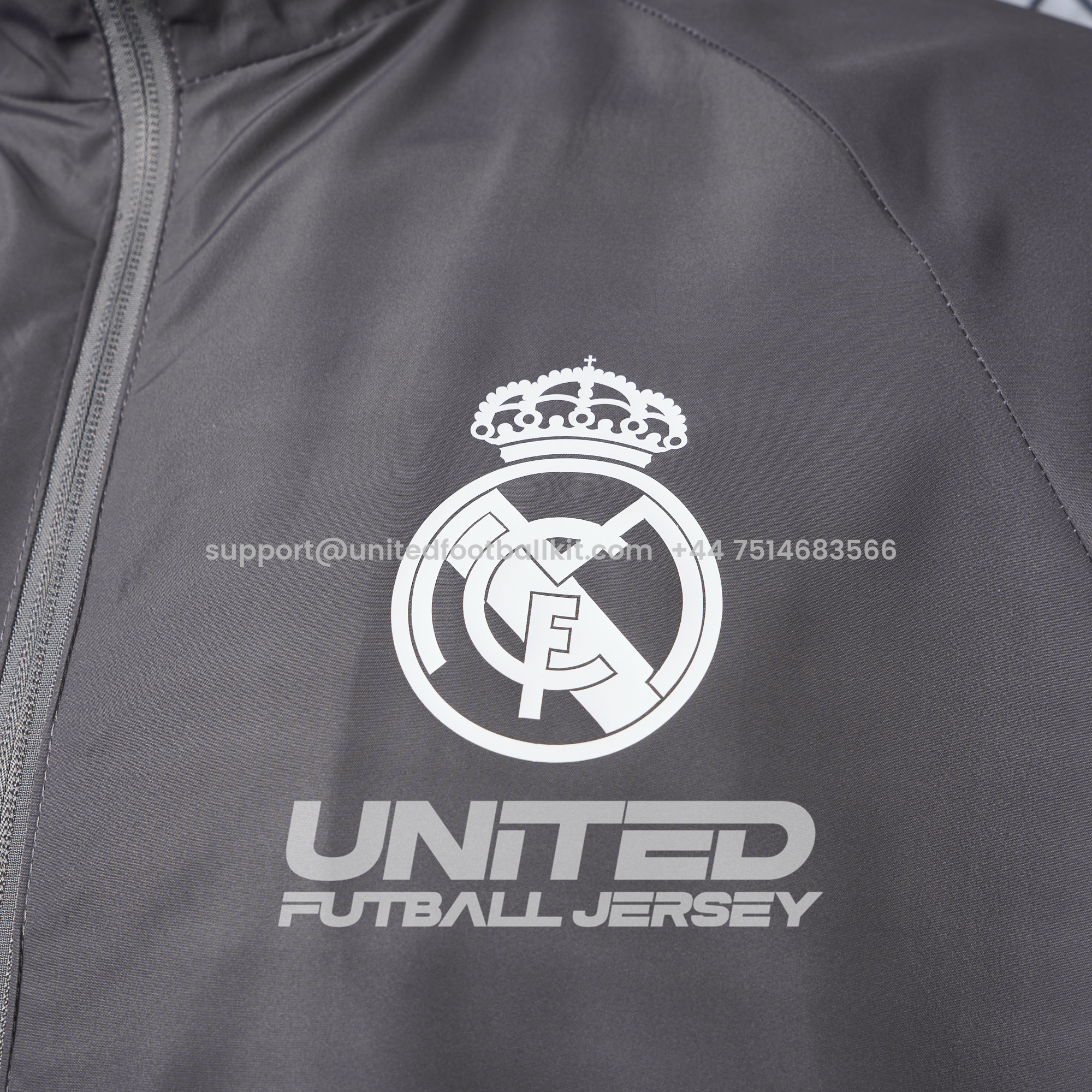Unitedfootballkit.com | Real Madrid 24-25 Throwback Windbreaker Jacket - Grey -Customize Name, Number and Patch | Worldwide Shipping