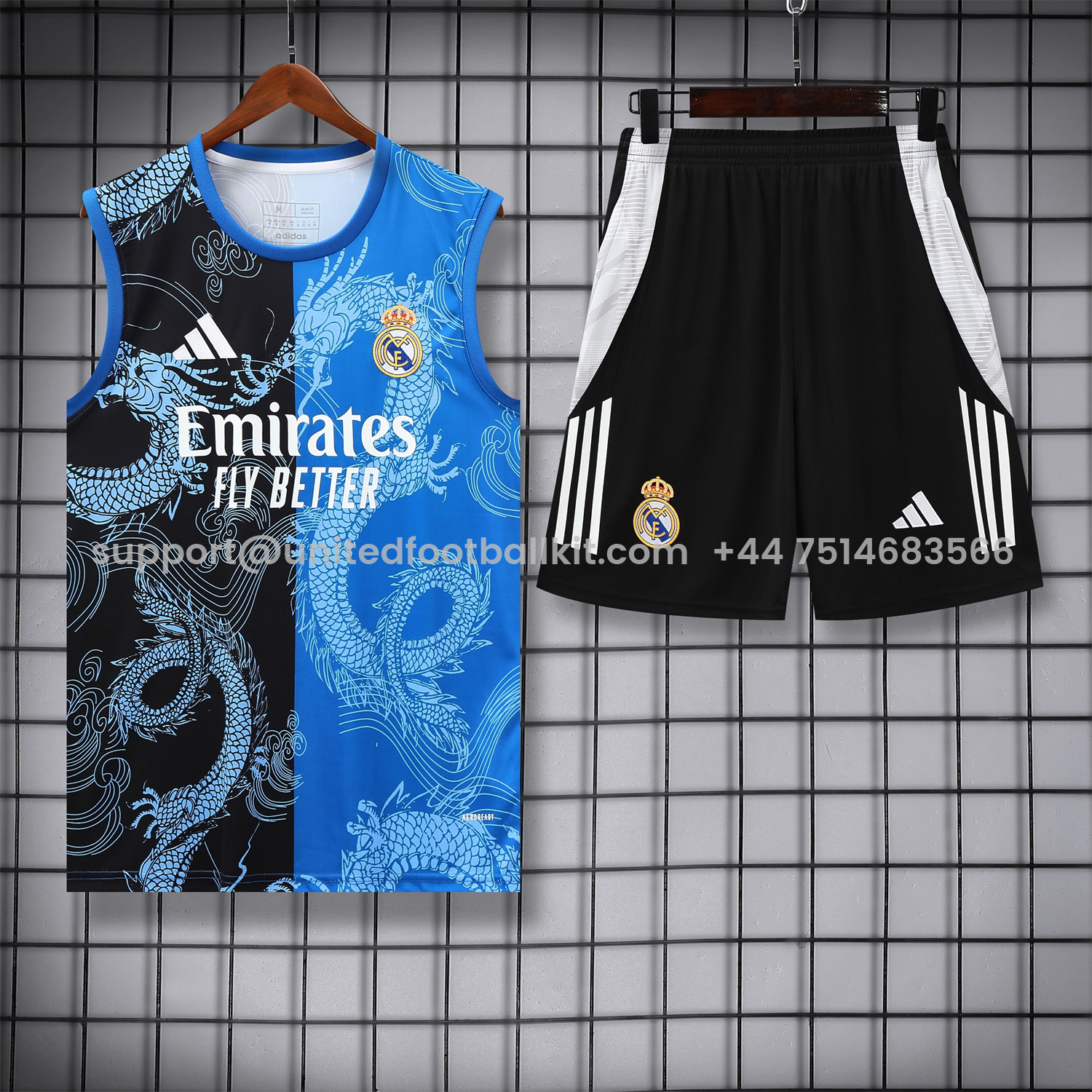 Unitedfootballkit.com | Real Madrid 25-26 Vest Training Set - Blue Black Dragon Vest & Black-White Shorts -Customize Name, Number and Patch | Worldwide Shipping