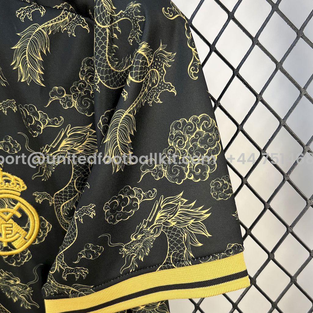 Unitedfootballkit.com | Real Madrid 25-26 Golden Chinese Dragon Pattern Black Jersey - Fans Version -Customize Name, Number and Patch | Worldwide Shipping