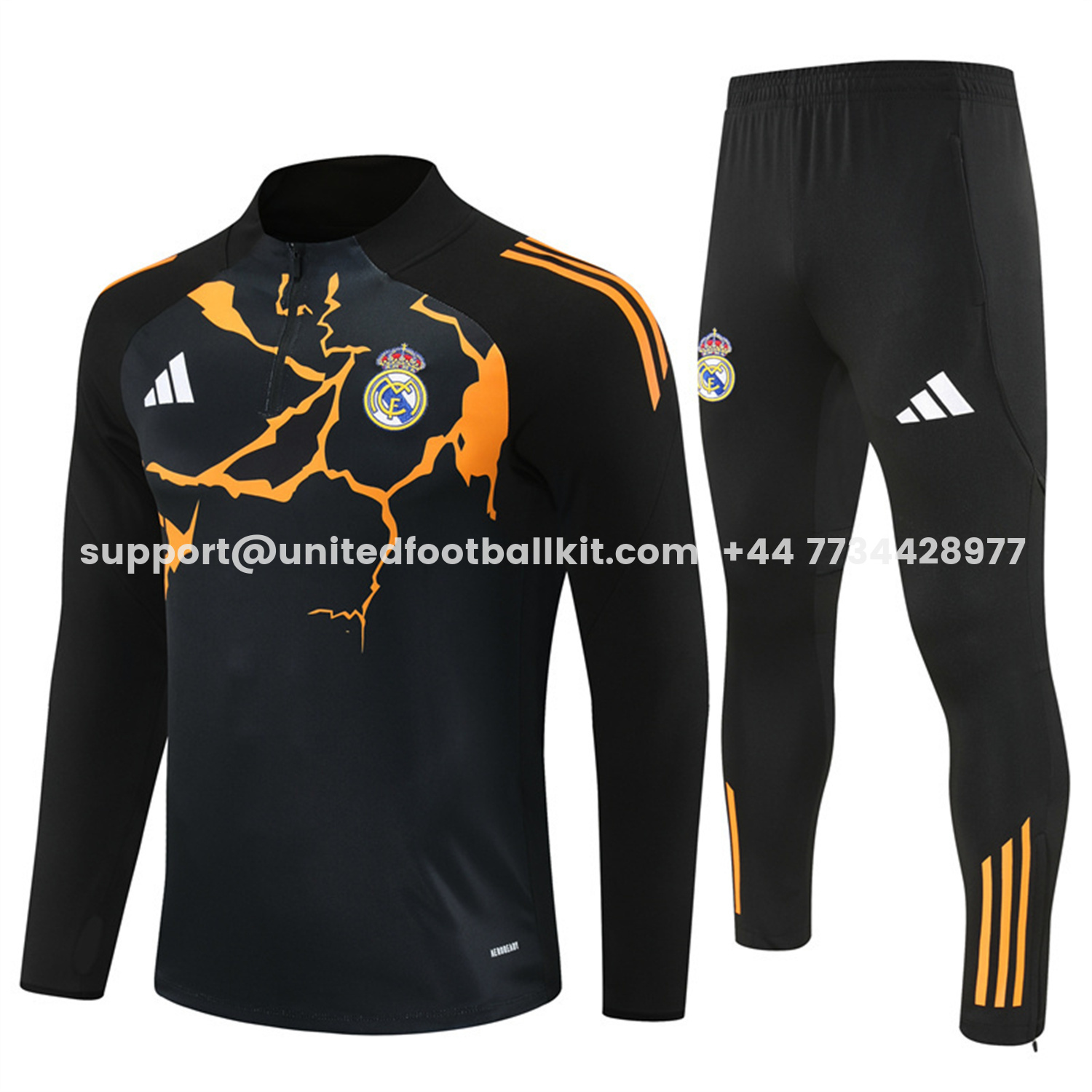 Unitedfootballkit.com | Real Madrid 25-26 Long Sleeve Training Set - Player Version - Yellow Pattern Black Top and Black Pants -Customize Name, Number and Patch | Worldwide Shipping