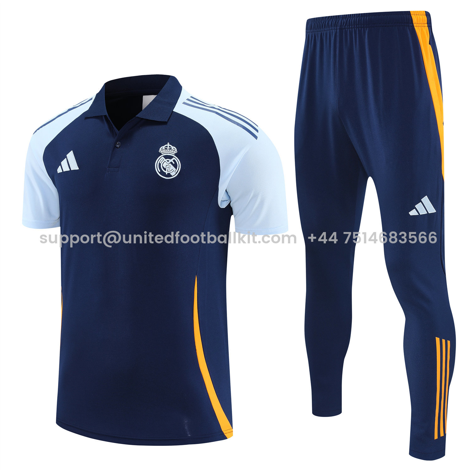 Unitedfootballkit.com | Real Madrid 25-26 POLO Short-Sleeve Training Set - Deep Blue Top and Pants with Yellow Stripes -Customize Name, Number and Patch | Worldwide Shipping