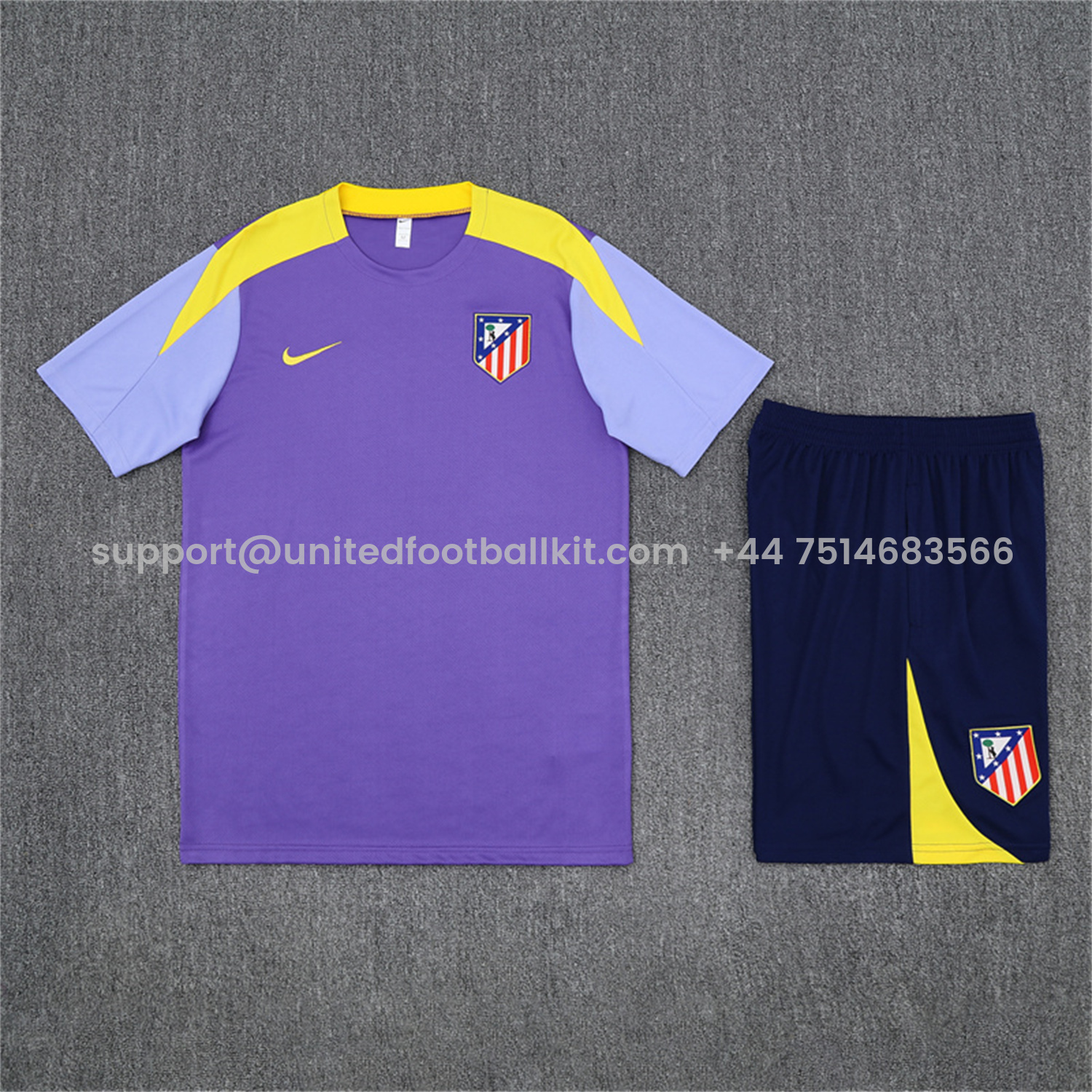 Unitedfootballkit.com | Atletico Madrid 25-26 Kids Short-Sleeve Training Set - Purple Top & Royal Blue shorts -Customize Name, Number and Patch | Worldwide Shipping