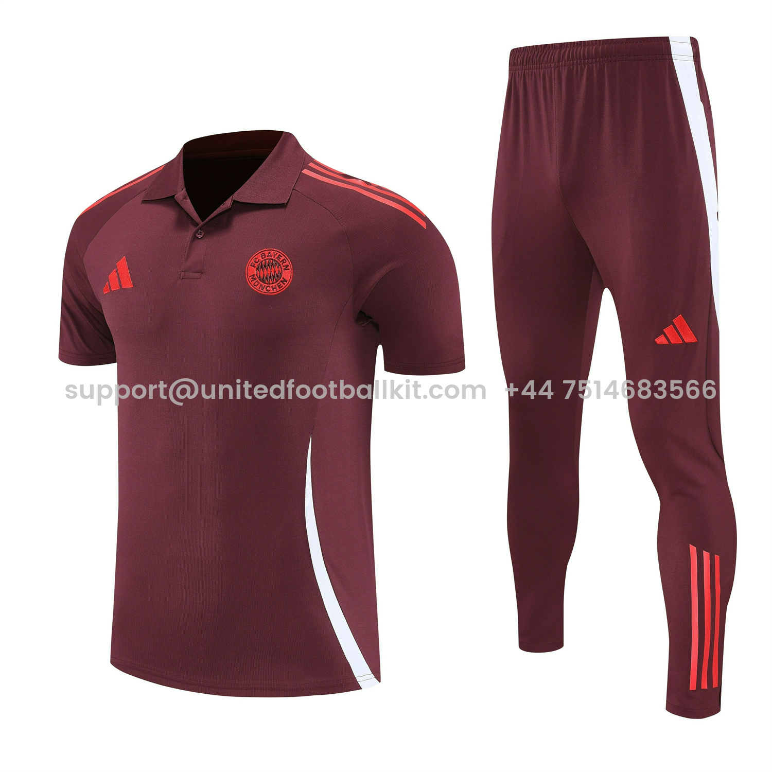 Unitedfootballkit.com | Bayern Munich 25-26 POLO Short-Sleeve Training Set With Red Logo - Deep Red Top & Deep Red Pants -Customize Name, Number and Patch | Worldwide Shipping