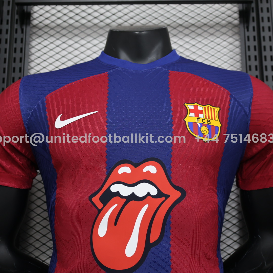 Unitedfootballkit.com | Barcelona X RS Iconic Tongue Jersey - Player Version -Customize Name, Number and Patch | Worldwide Shipping