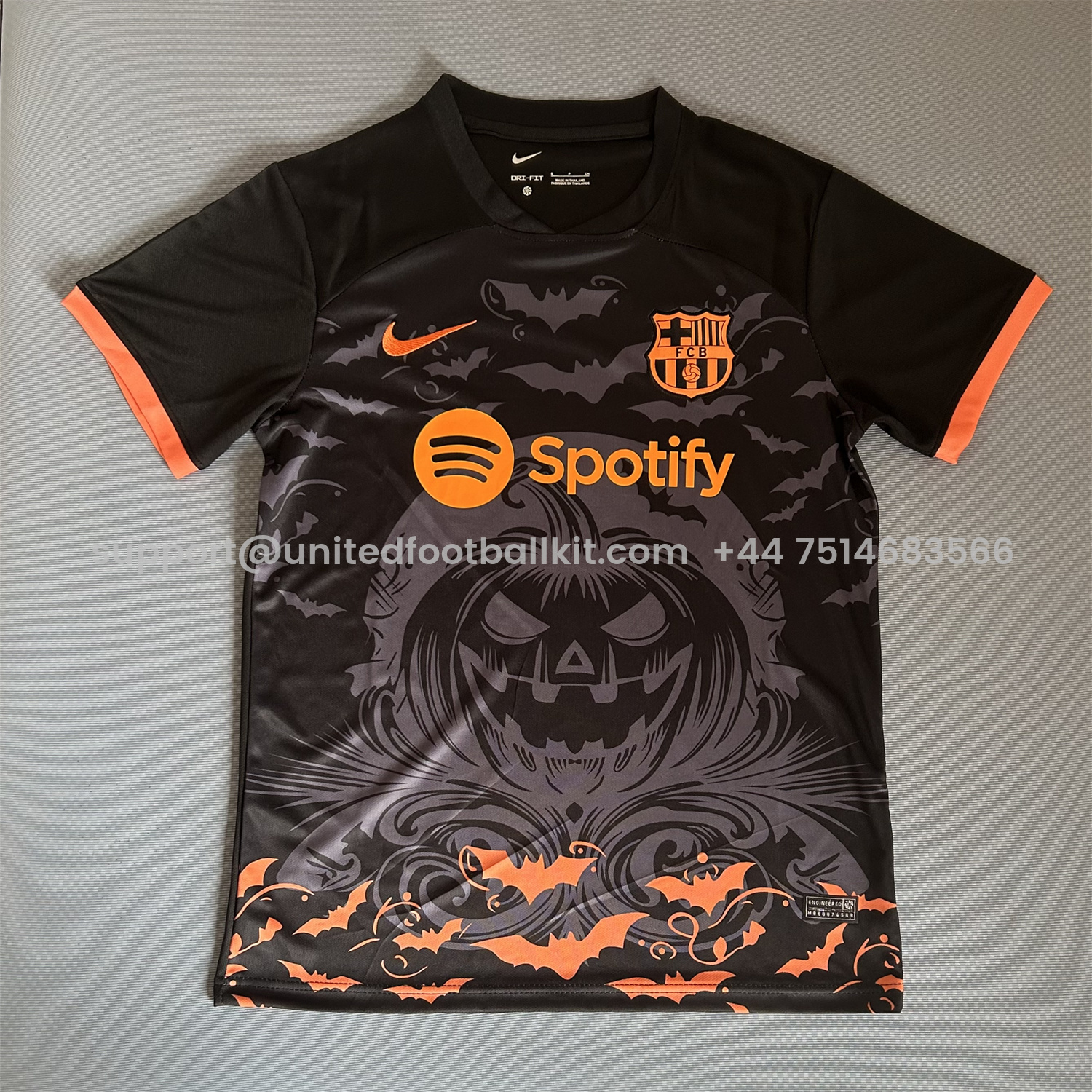 Unitedfootballkit.com | Barcelona 25-26 Halloween Pumpkin Silhouette Black Jersey - Fans Version -Customize Name, Number and Patch | Worldwide Shipping
