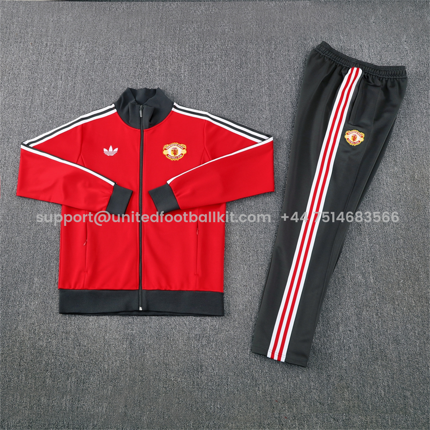 Unitedfootballkit.com | Manchester United 24-25 Throwback Jacket Training Tracksuit - Red Jackets & Grey Pants -Customize Name, Number and Patch | Worldwide Shipping