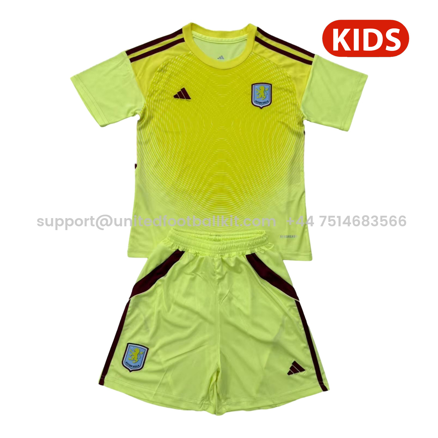 Unitedfootballkit.com | Aston Villa 25-26 Yellow Unsponsored Goalkeeper Kids Kit -Customize Name, Number and Patch | Worldwide Shipping