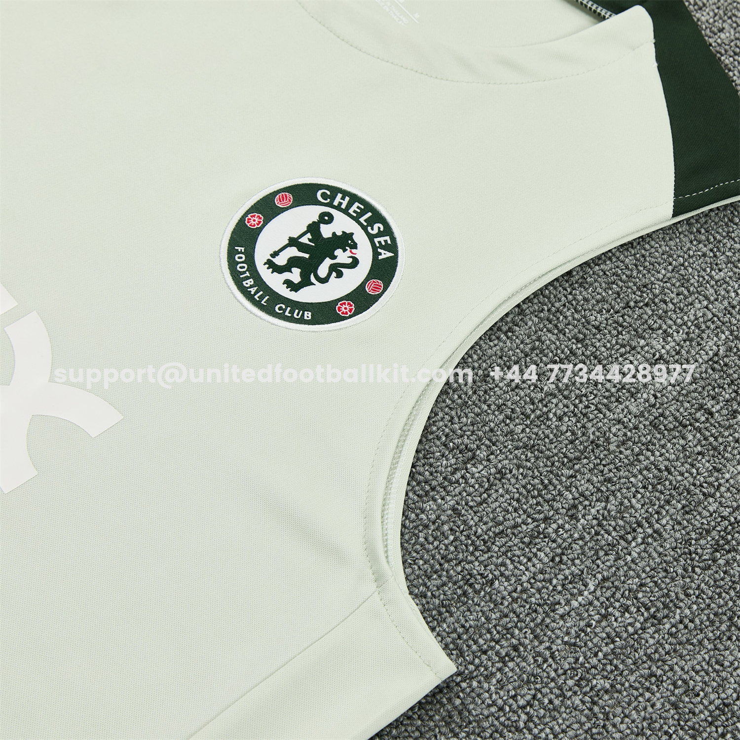Unitedfootballkit.com | C.H.E.L.S.E.A 25-26 Vest Training Set - Light Gray With Dark Green Accents Top & Dark Green Pants -Customize Name, Number and Patch | Worldwide Shipping