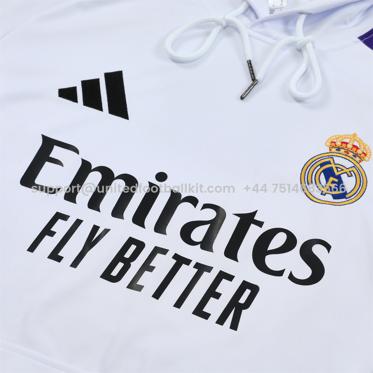 Unitedfootballkit.com | Real Madrid 24-25 Training Hoodie Set - White Hoodie and Black Pants -Customize Name, Number and Patch | Worldwide Shipping