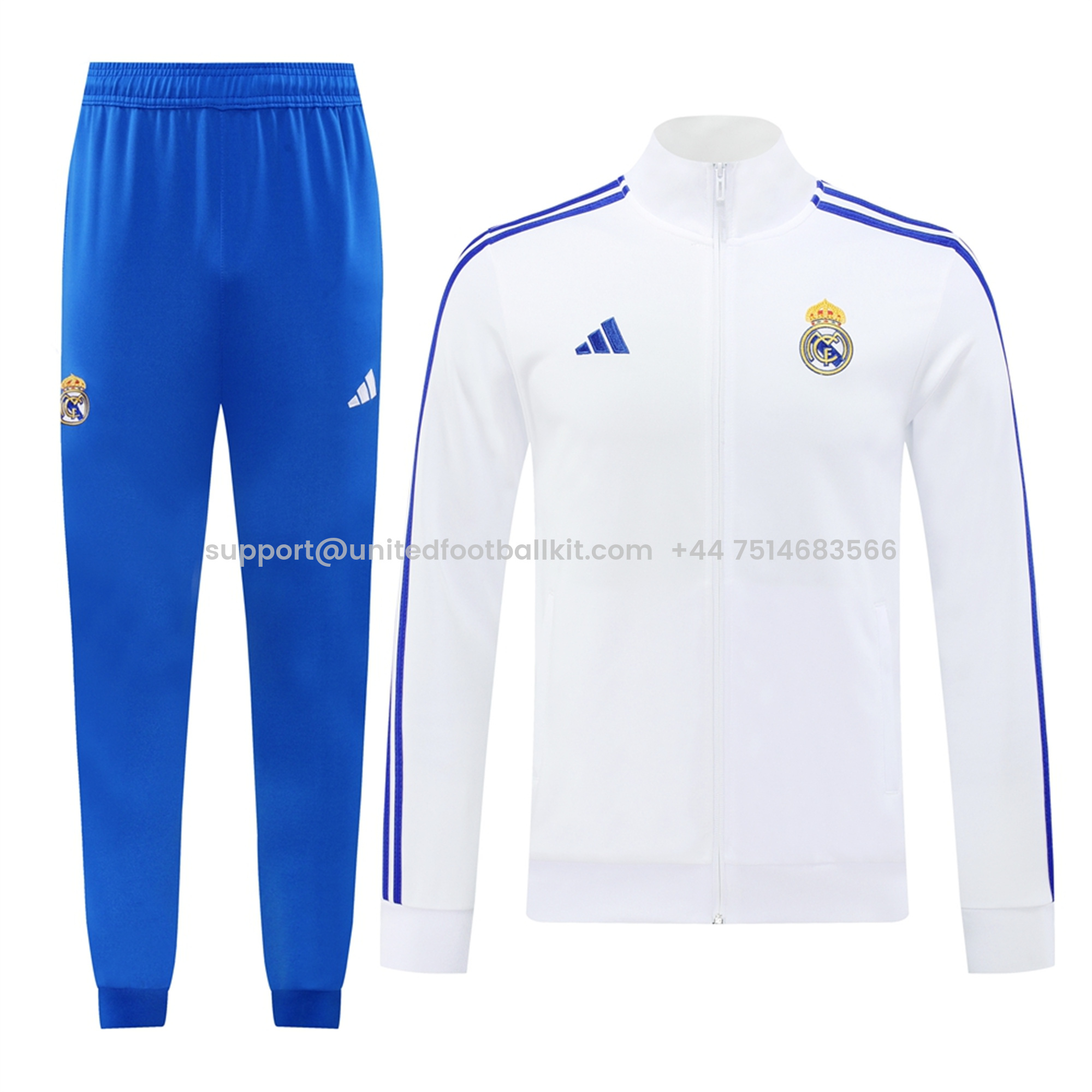 Unitedfootballkit.com | Real Madrid 24-25 Jacket Training Tracksuit - Blue & White -Customize Name, Number and Patch | Worldwide Shipping
