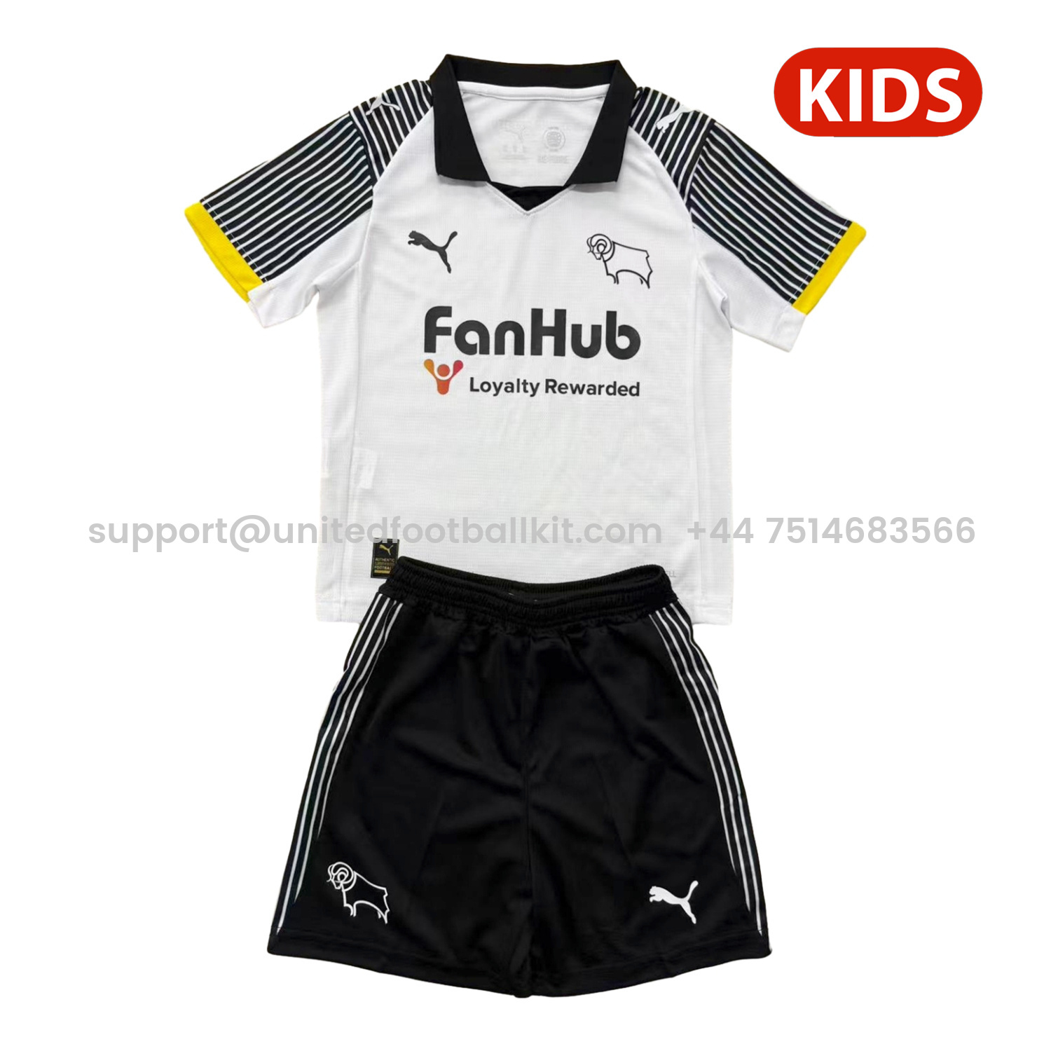 Unitedfootballkit.com | Derby County 25-26 Home Kids Kit -Customize Name, Number and Patch | Worldwide Shipping
