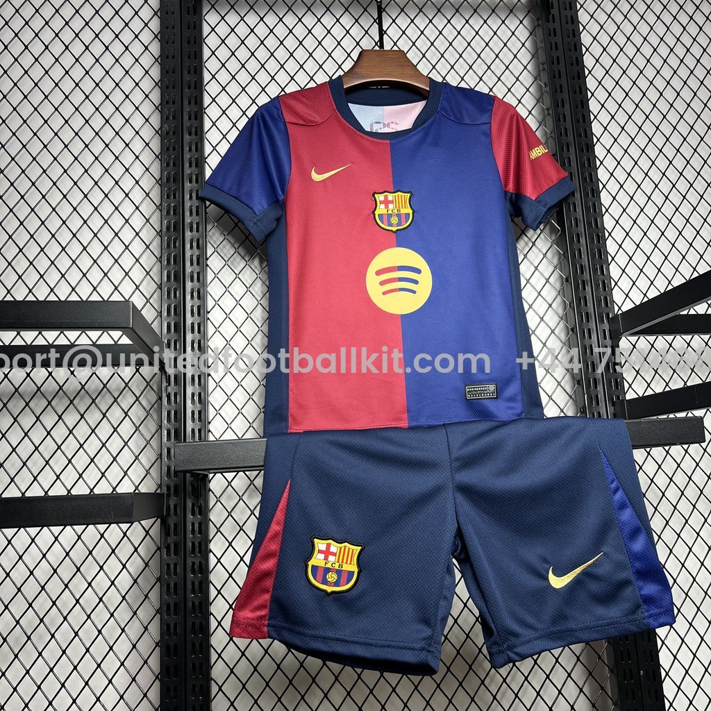 Unitedfootballkit.com | Barcelona 24-25 Home Stadium Kids Kit with Big Logo -Customize Name, Number and Patch | Worldwide Shipping
