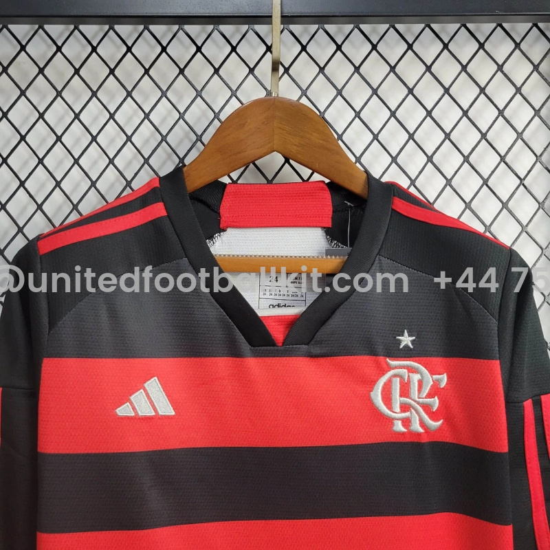 Unitedfootballkit.com | Flamengo 2024 Home Stadium Long Sleeve Kids Kit -Customize Name, Number and Patch | Worldwide Shipping