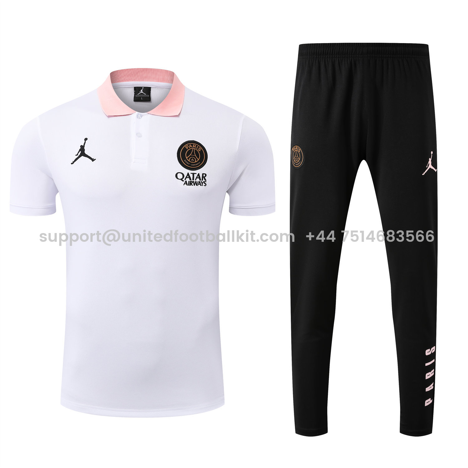 Unitedfootballkit.com | Paris Saint-Germain PSG 25-26 POLO Short-Sleeve Training Set - White Top and Black Pants -Customize Name, Number and Patch | Worldwide Shipping