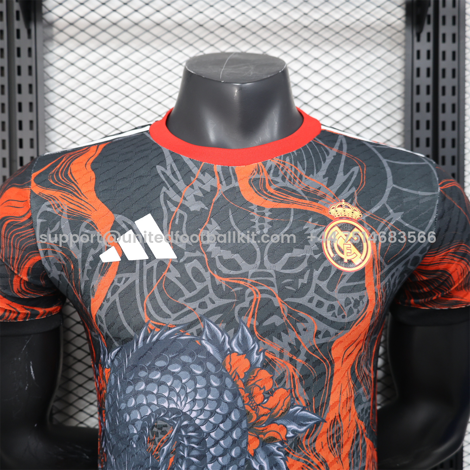 Unitedfootballkit.com | Real Madrid 25-26 Grey Chinese Loong and Red Fire Black Jersey - Player Version -Customize Name, Number and Patch | Worldwide Shipping