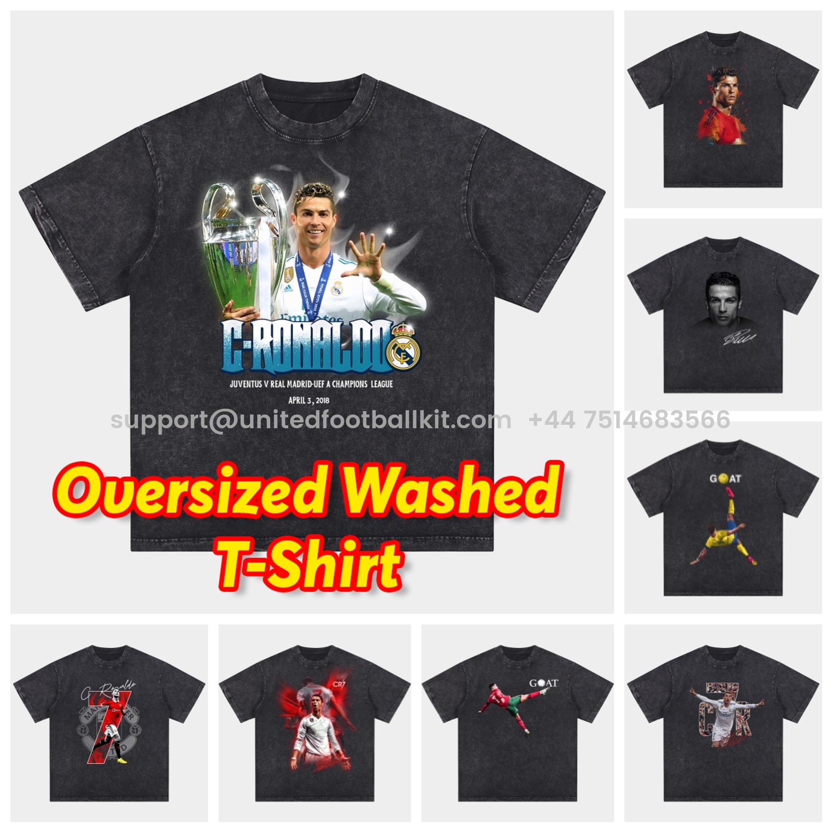 Unitedfootballkit.com | Cristiano Ronaldo Portugal Real Madrid Manchester United Oversized Washed T-Shirt -Customize Name, Number and Patch | Worldwide Shipping