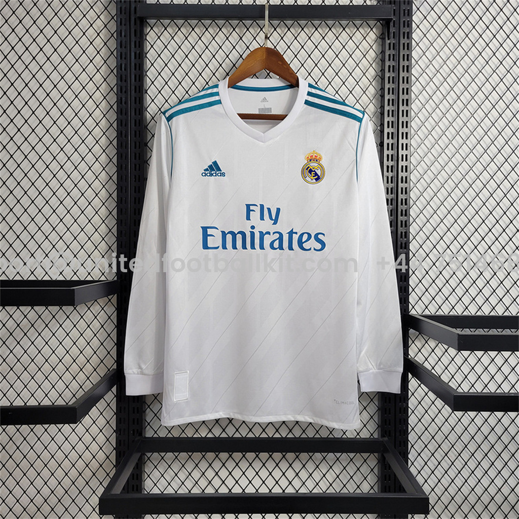 Unitedfootballkit.com | Retro Real Madrid 17-18 Home Long Sleeve Jersey - with Champions League Final Final -Customize Name, Number and Patch | Worldwide Shipping