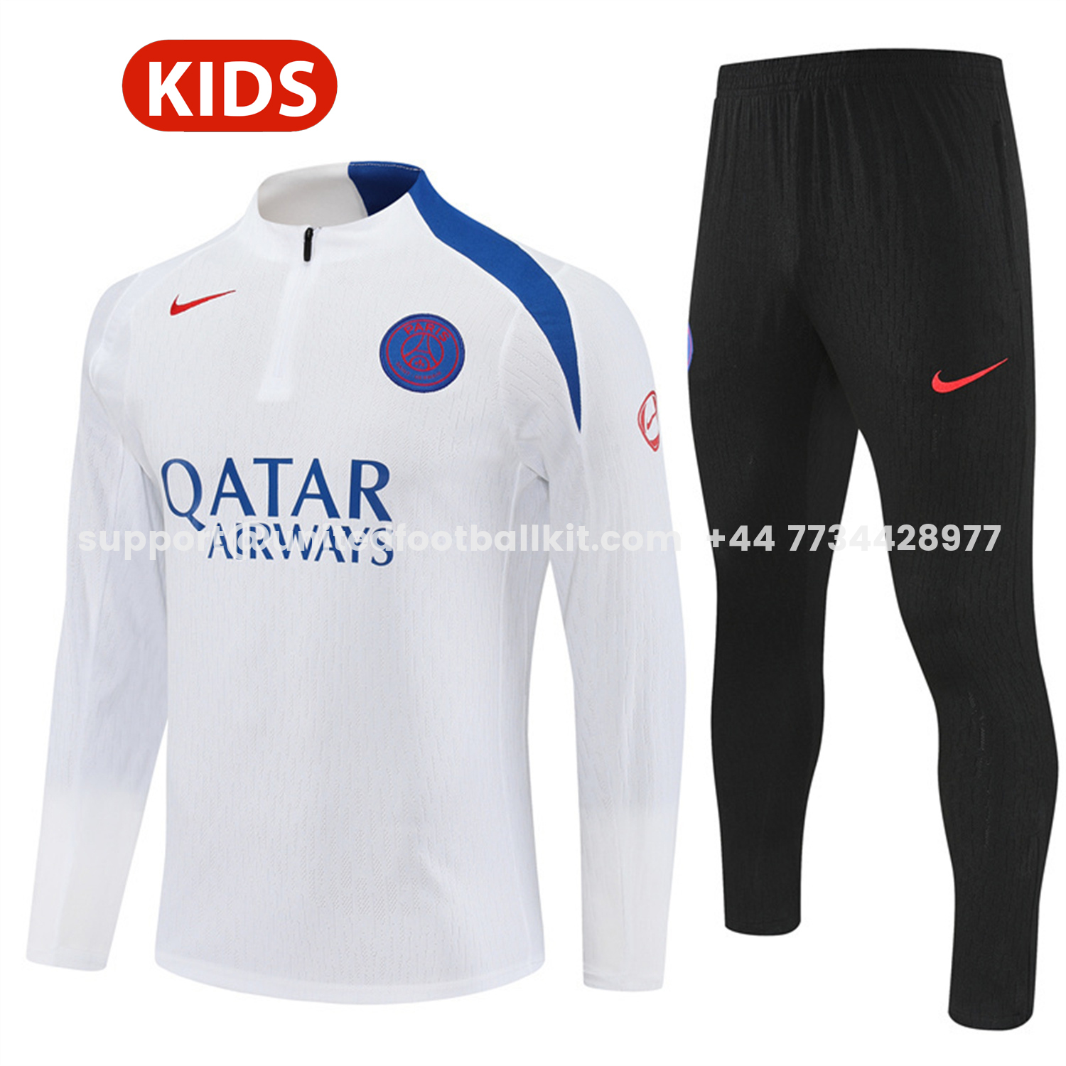 Unitedfootballkit.com | Paris Saint-Germain PSG 25-26 Kids Long Sleeve Training Set - Player Version - White Top and Black Pants -Customize Name, Number and Patch | Worldwide Shipping