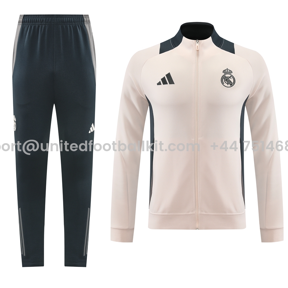 Unitedfootballkit.com | Real Madrid 24-25 Jacket Training Tracksuit - Light Pink Top and Deep Grey Pants -Customize Name, Number and Patch | Worldwide Shipping