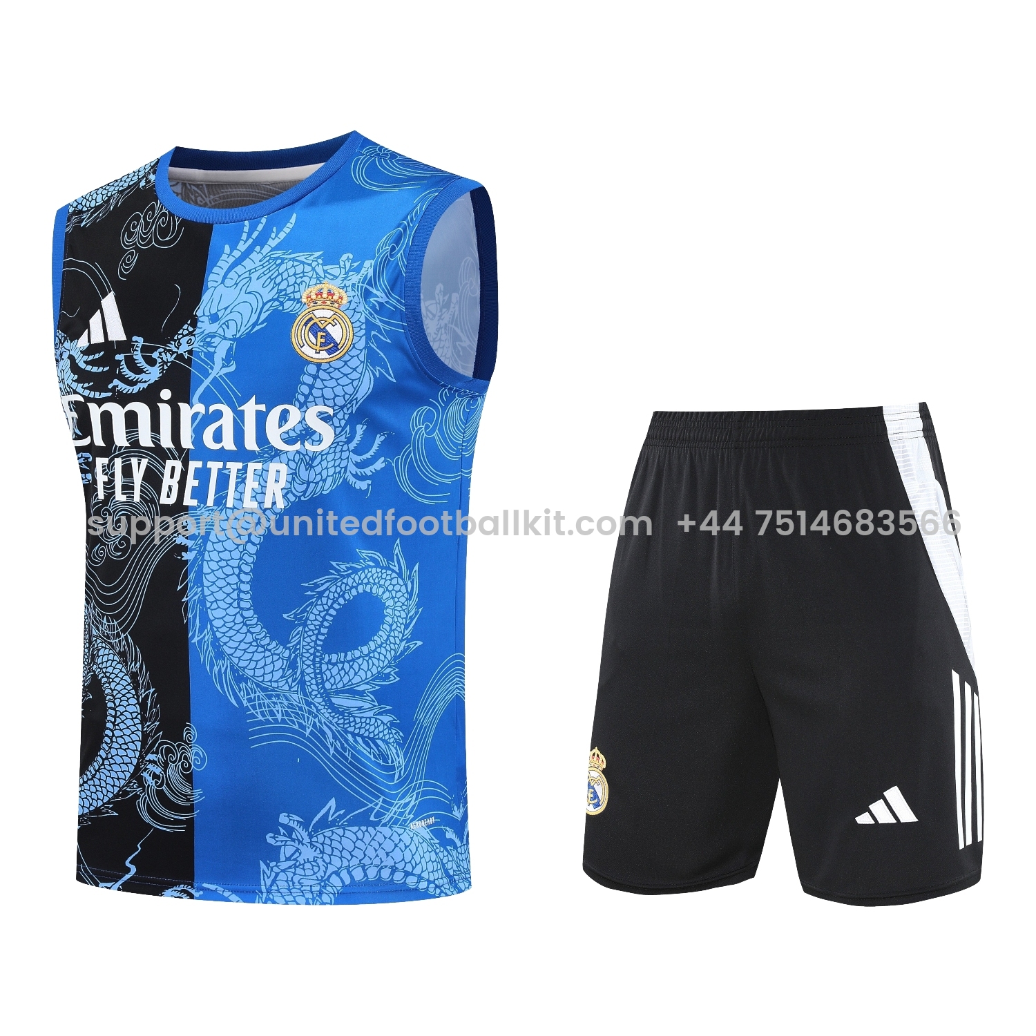 Unitedfootballkit.com | Real Madrid 25-26 Vest Training Set - Blue Black Dragon Vest & Black-White Shorts -Customize Name, Number and Patch | Worldwide Shipping