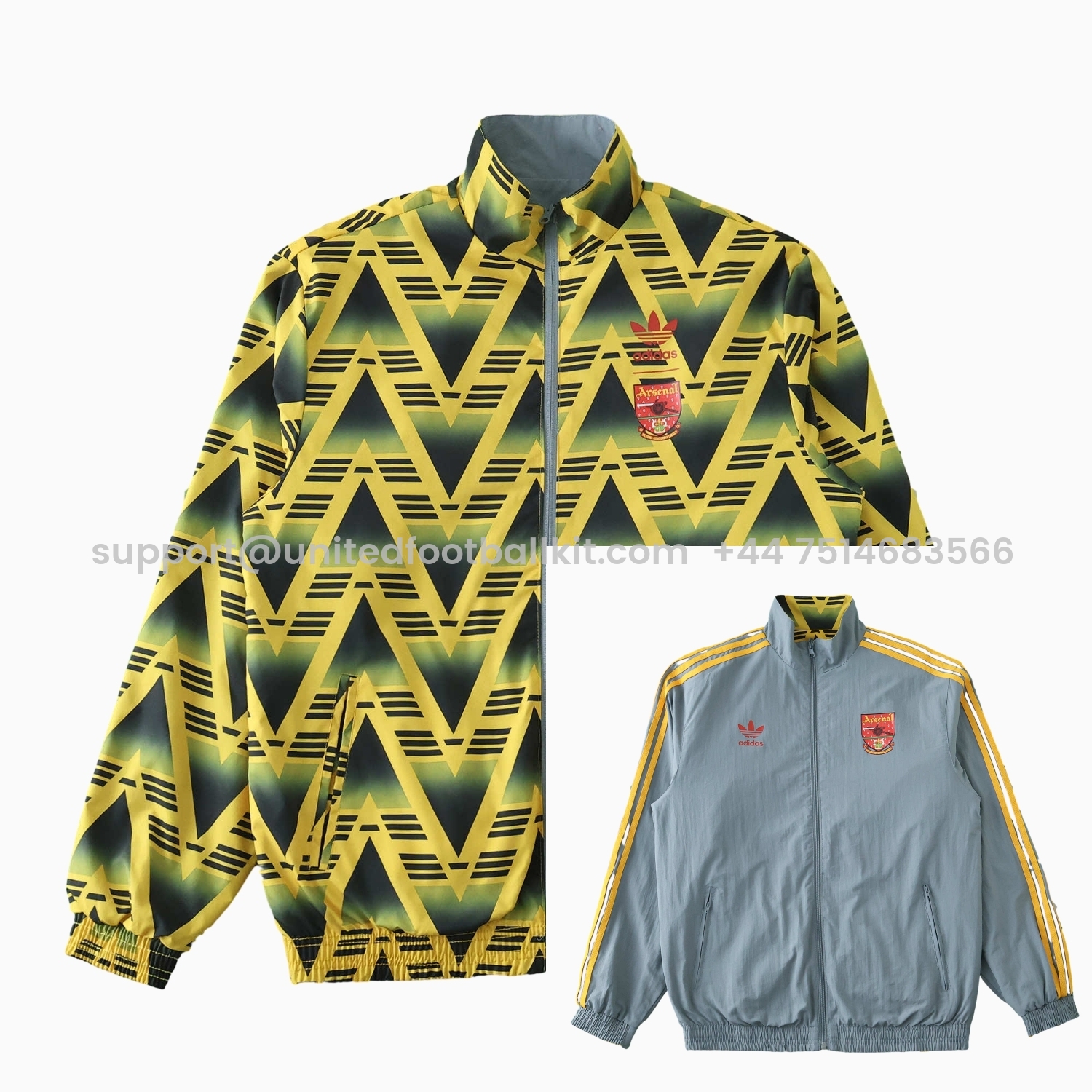 Unitedfootballkit.com | Retro Arsenal 1991-93 Away Double Sided Reversible Windbreaker - Yellow & Grey -Customize Name, Number and Patch | Worldwide Shipping