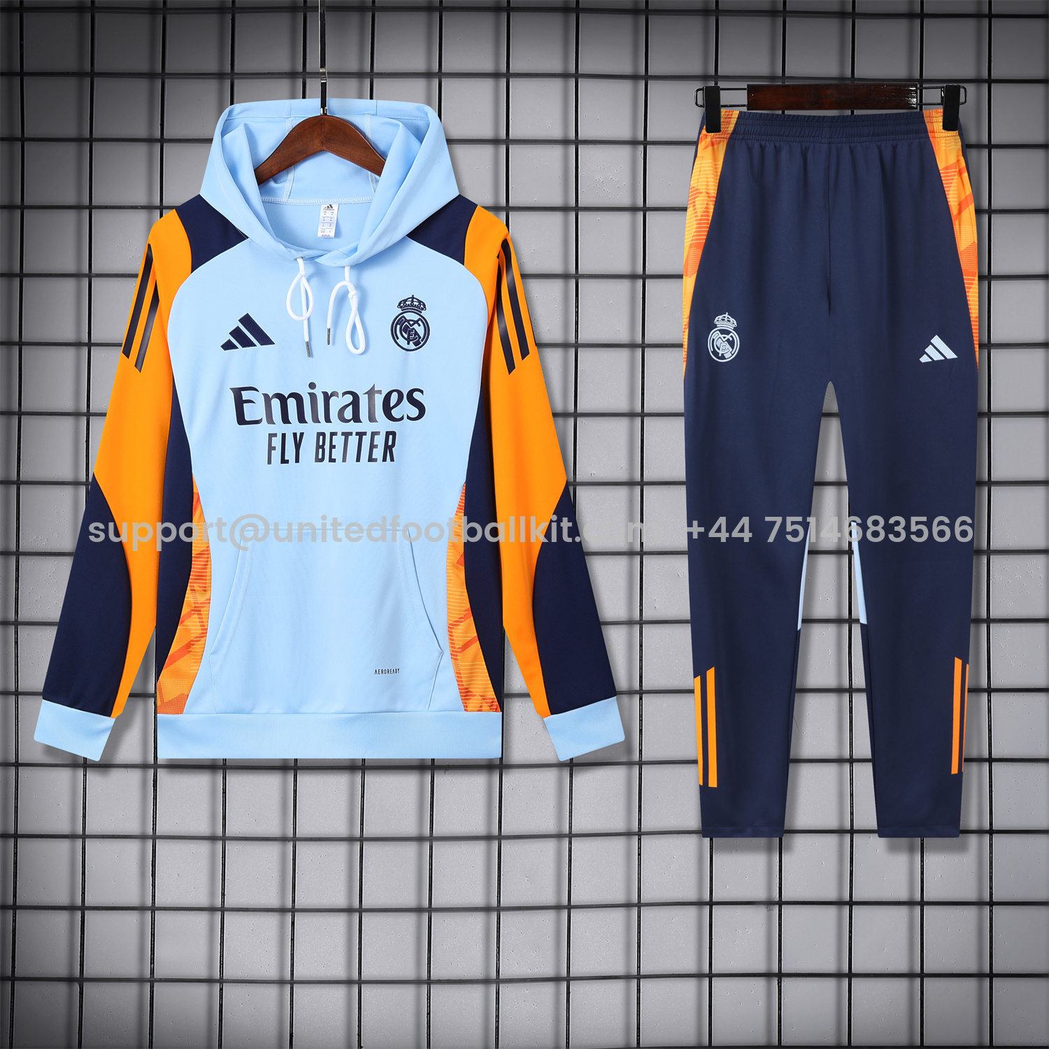 Unitedfootballkit.com | Real Madrid 24-25 Training Hoodie Set - Light Blue Hoodie and Deep Blue Pants -Customize Name, Number and Patch | Worldwide Shipping