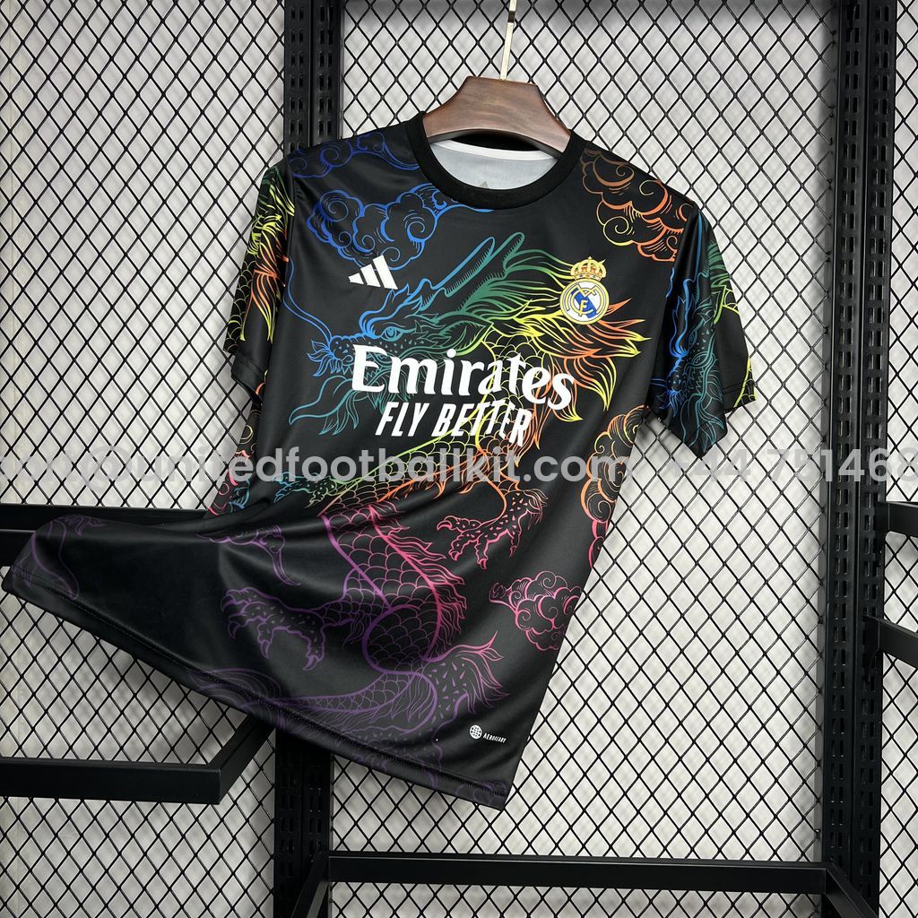 Unitedfootballkit.com | Real Madrid 24-25 Black Colorful Dragon Speical Jersey - Fans Version -Customize Name, Number and Patch | Worldwide Shipping