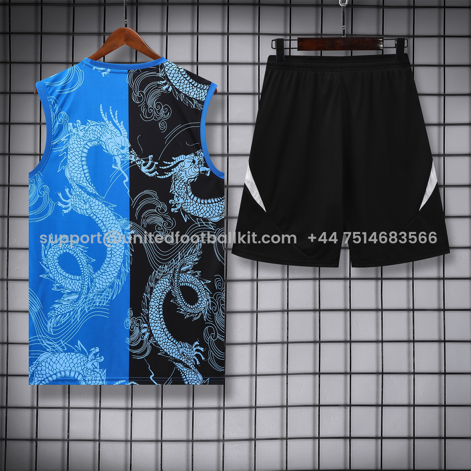 Unitedfootballkit.com | Real Madrid 25-26 Vest Training Set - Blue Black Dragon Vest & Black-White Shorts -Customize Name, Number and Patch | Worldwide Shipping