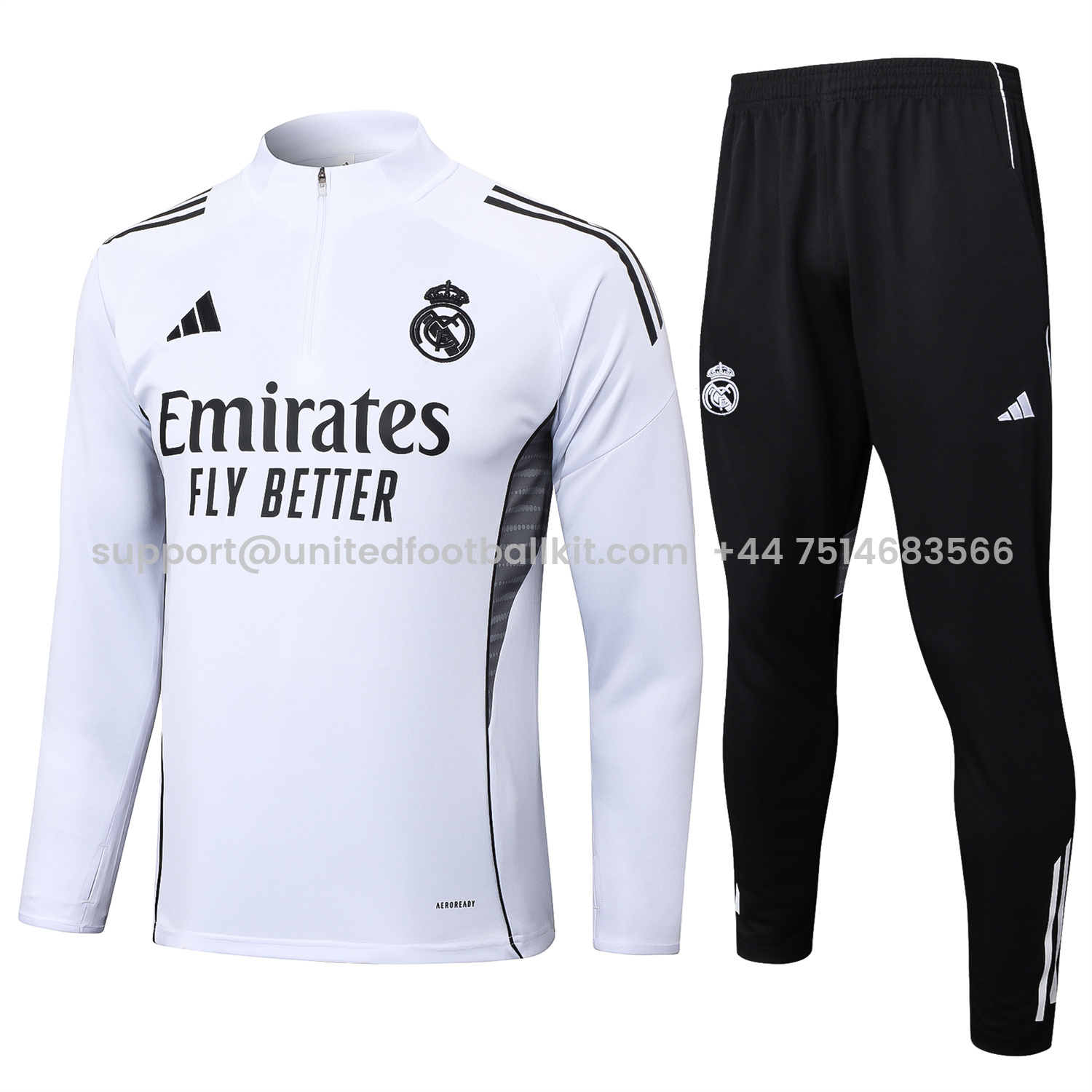 Unitedfootballkit.com | Real Madrid 25-26 Long Sleeve Training Set - White Top and Black Pants -Customize Name, Number and Patch | Worldwide Shipping