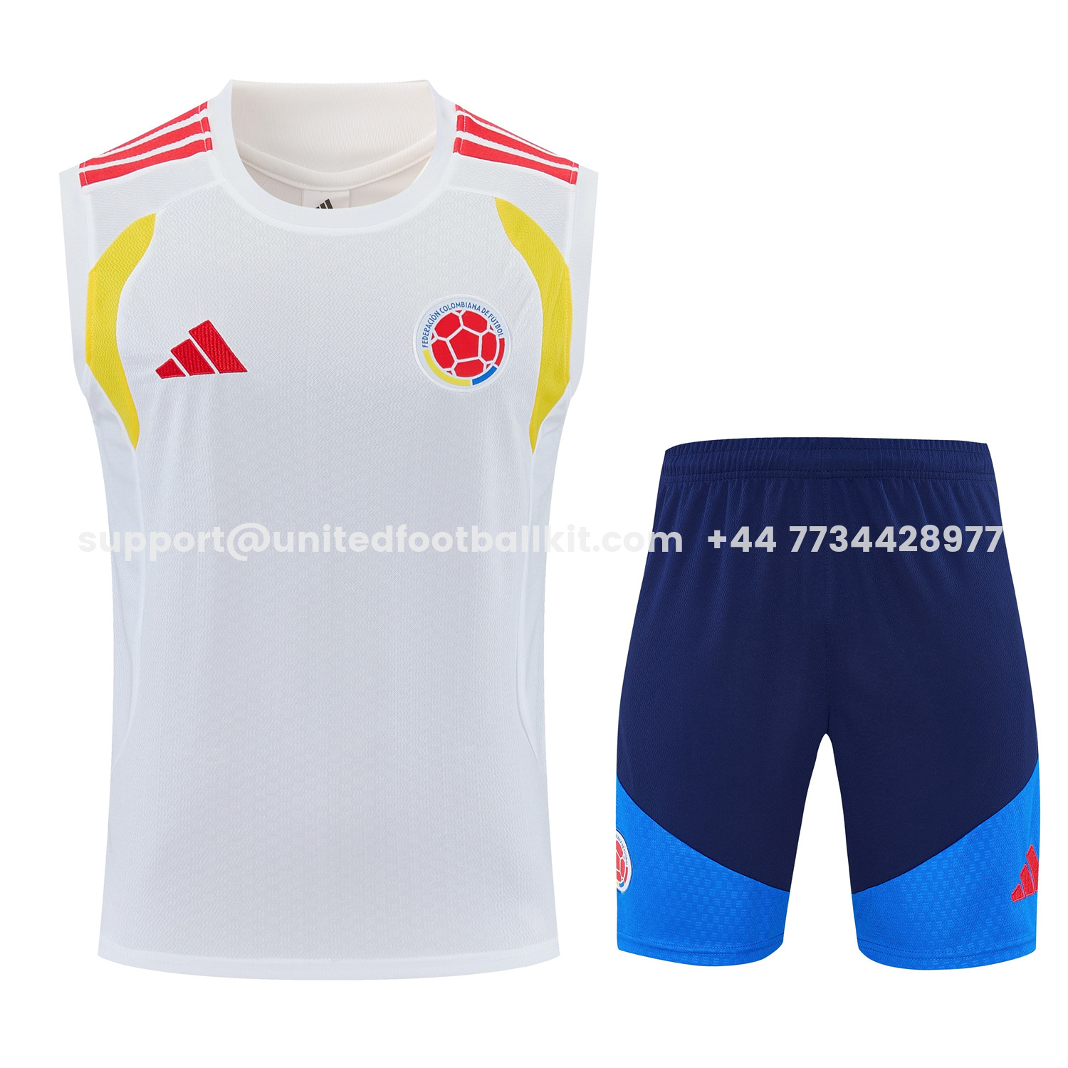Unitedfootballkit.com | Colombia 2026 Vest Training Set - White Vest and Blue Shorts -Customize Name, Number and Patch | Worldwide Shipping