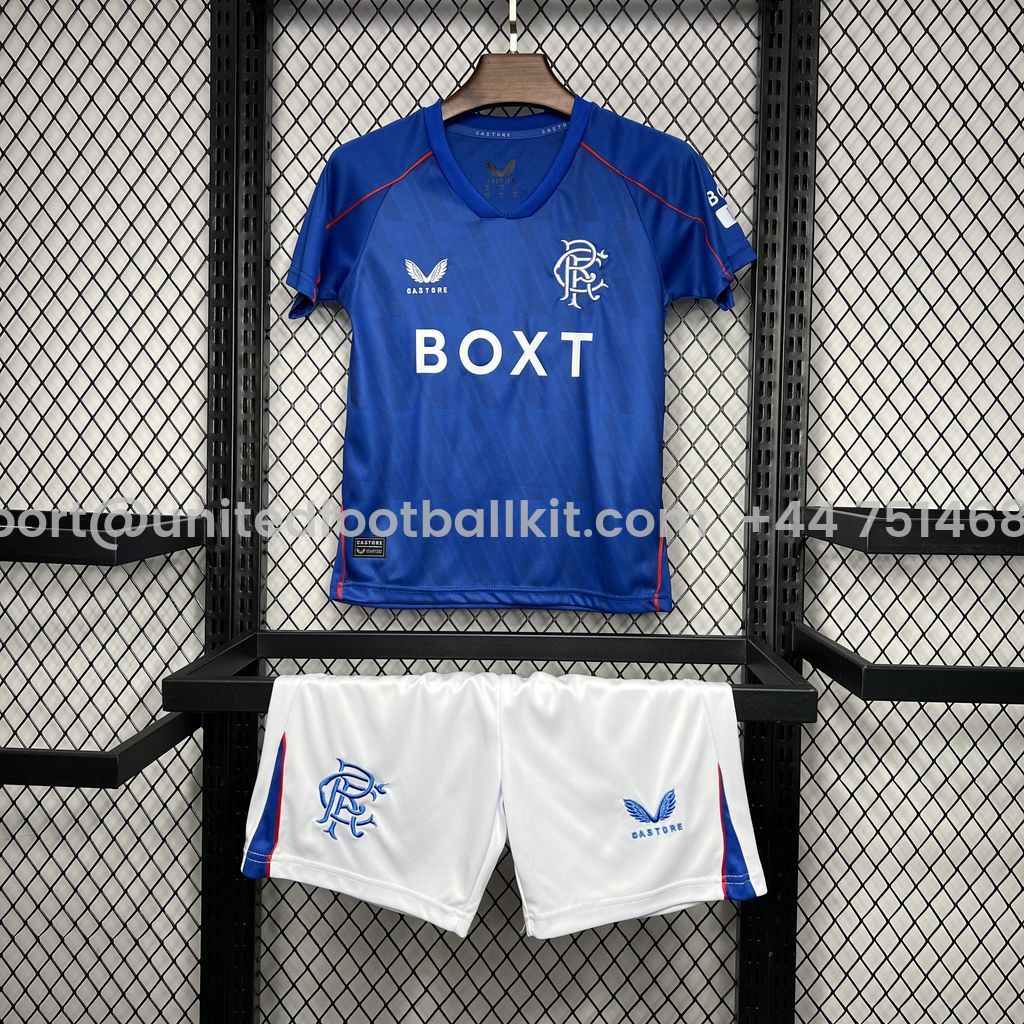 Unitedfootballkit.com | Glasgow Rangers 24-25 Home Stadium Kids Kit -Customize Name, Number and Patch | Worldwide Shipping