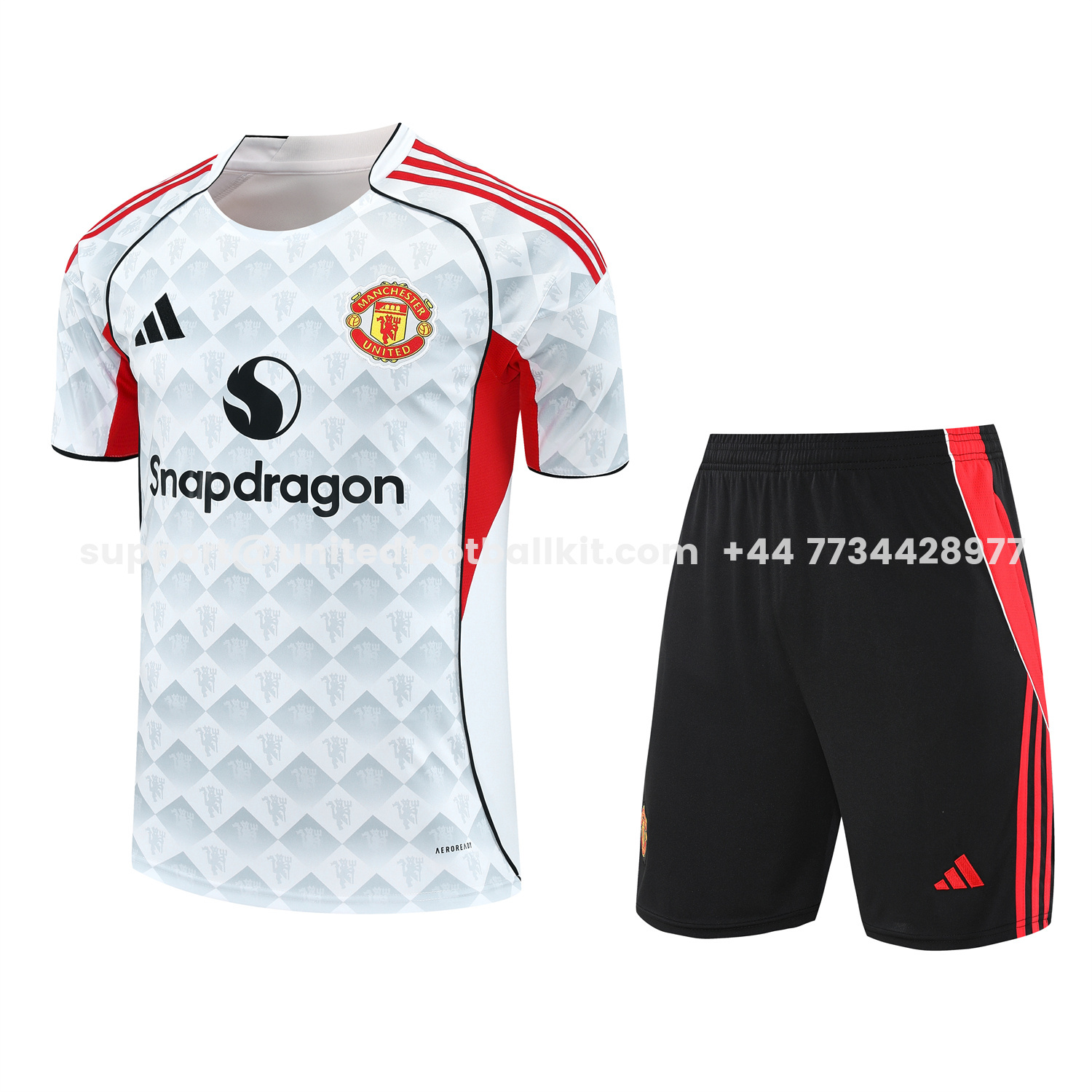 Unitedfootballkit.com | Manchester United 25-26 Short-Sleeve Training Set - Red Edge White Top & Black Shorts -Customize Name, Number and Patch | Worldwide Shipping