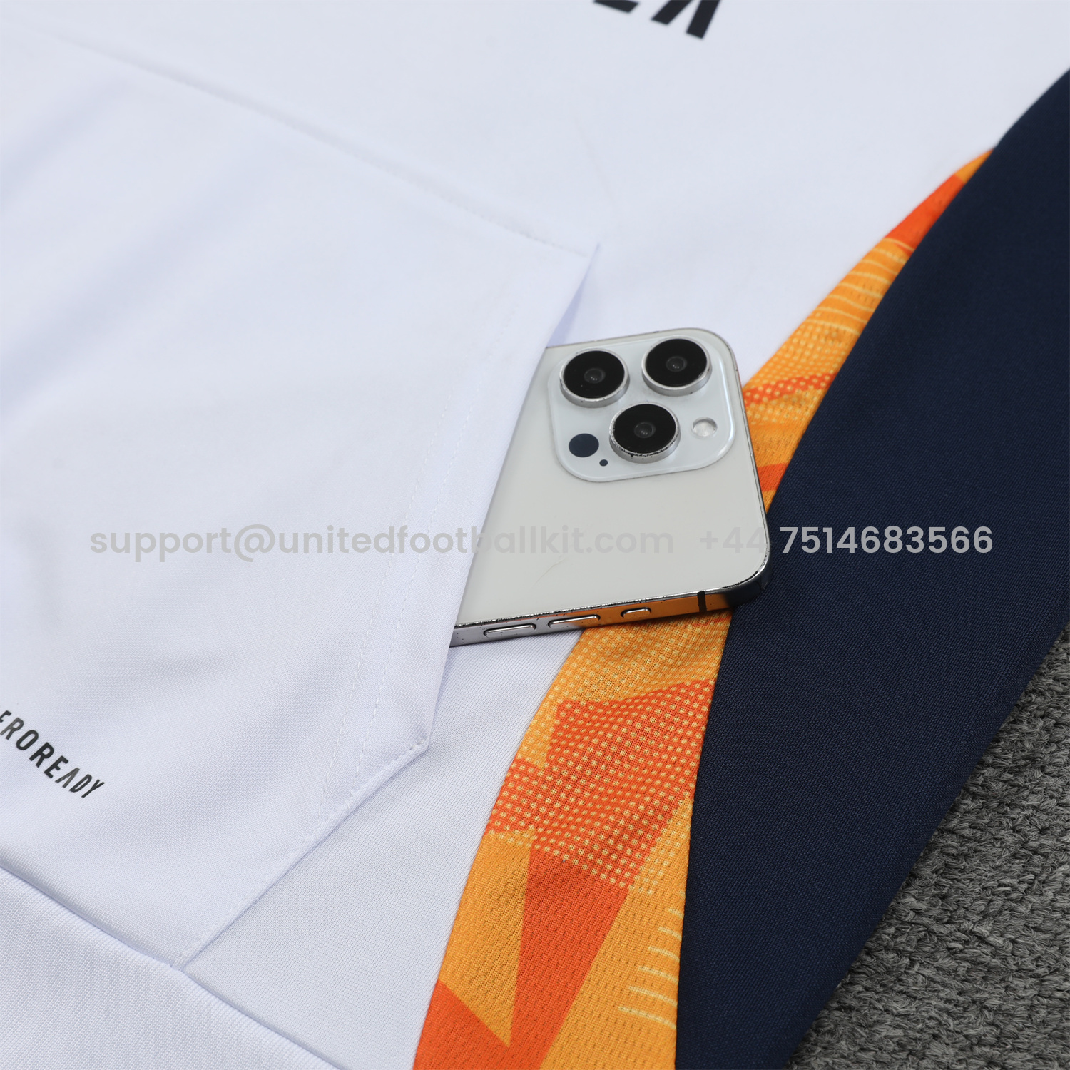 Unitedfootballkit.com | Real Madrid 24-25 Training Hoodie Set - White Hoodie and Deep Blue Pants -Customize Name, Number and Patch | Worldwide Shipping