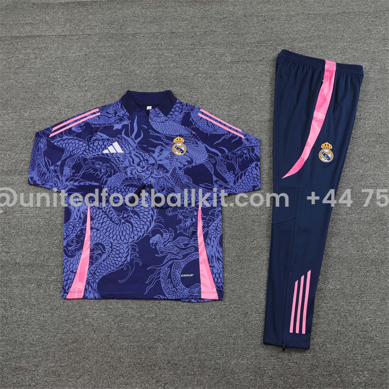 Unitedfootballkit.com | Real Madrid 24-25 Long Sleeve Training Set - Blue Dragon -Customize Name, Number and Patch | Worldwide Shipping