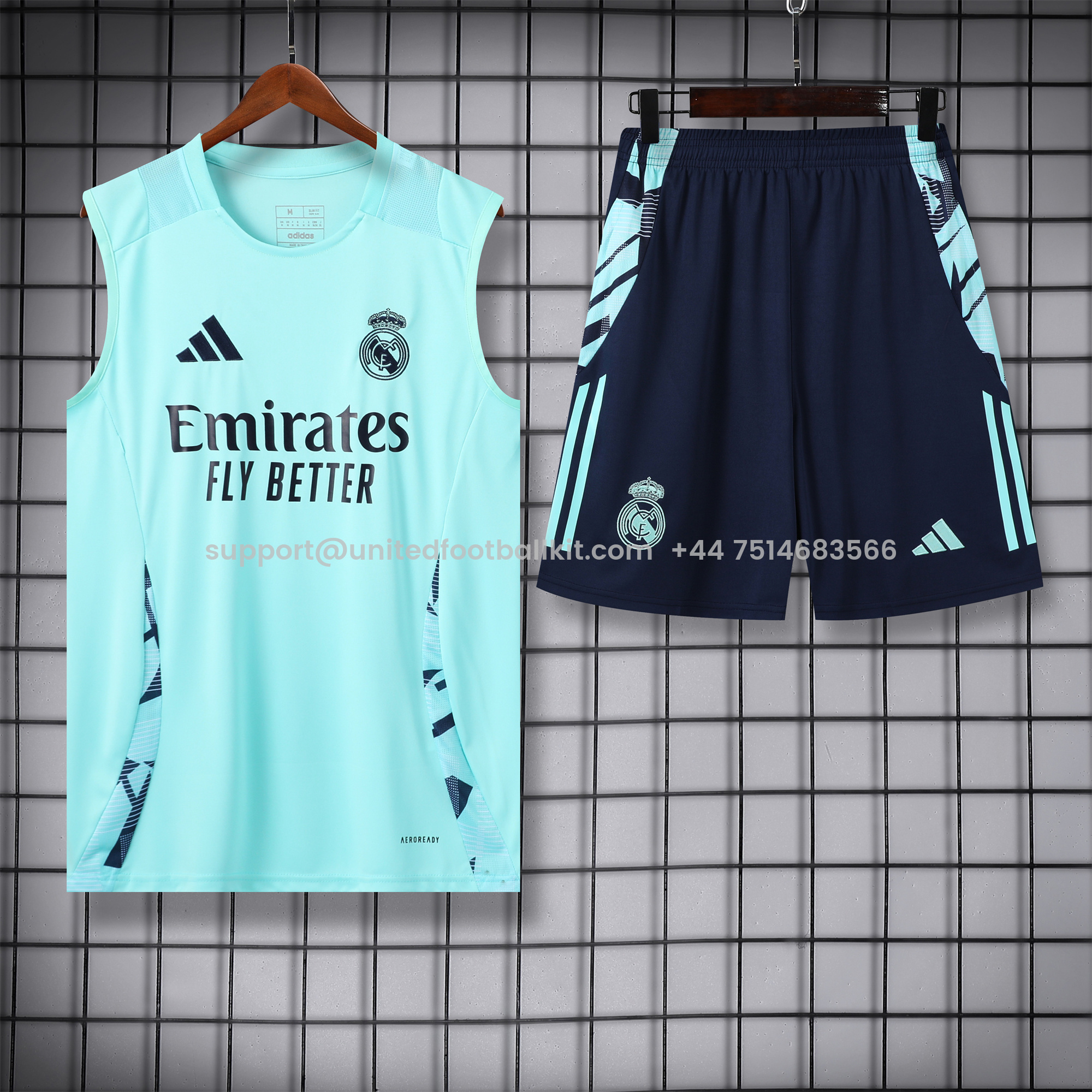 Unitedfootballkit.com | Real Madrid 24-25 Vest Training Set - Light Green Vest & Deep Blue Shorts -Customize Name, Number and Patch | Worldwide Shipping
