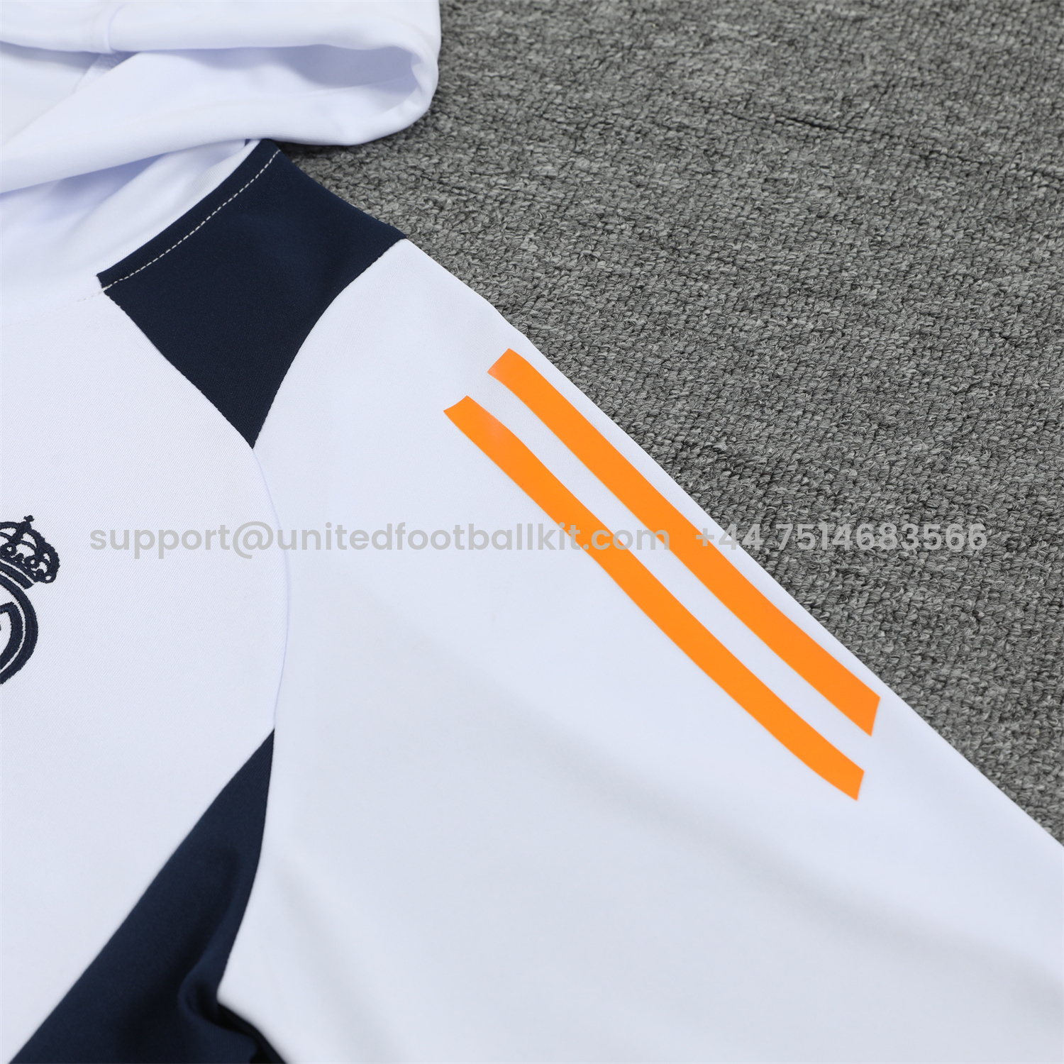 Unitedfootballkit.com | Real Madrid 24-25 Training Hoodie Set - White Hoodie and Deep Blue Pants -Customize Name, Number and Patch | Worldwide Shipping