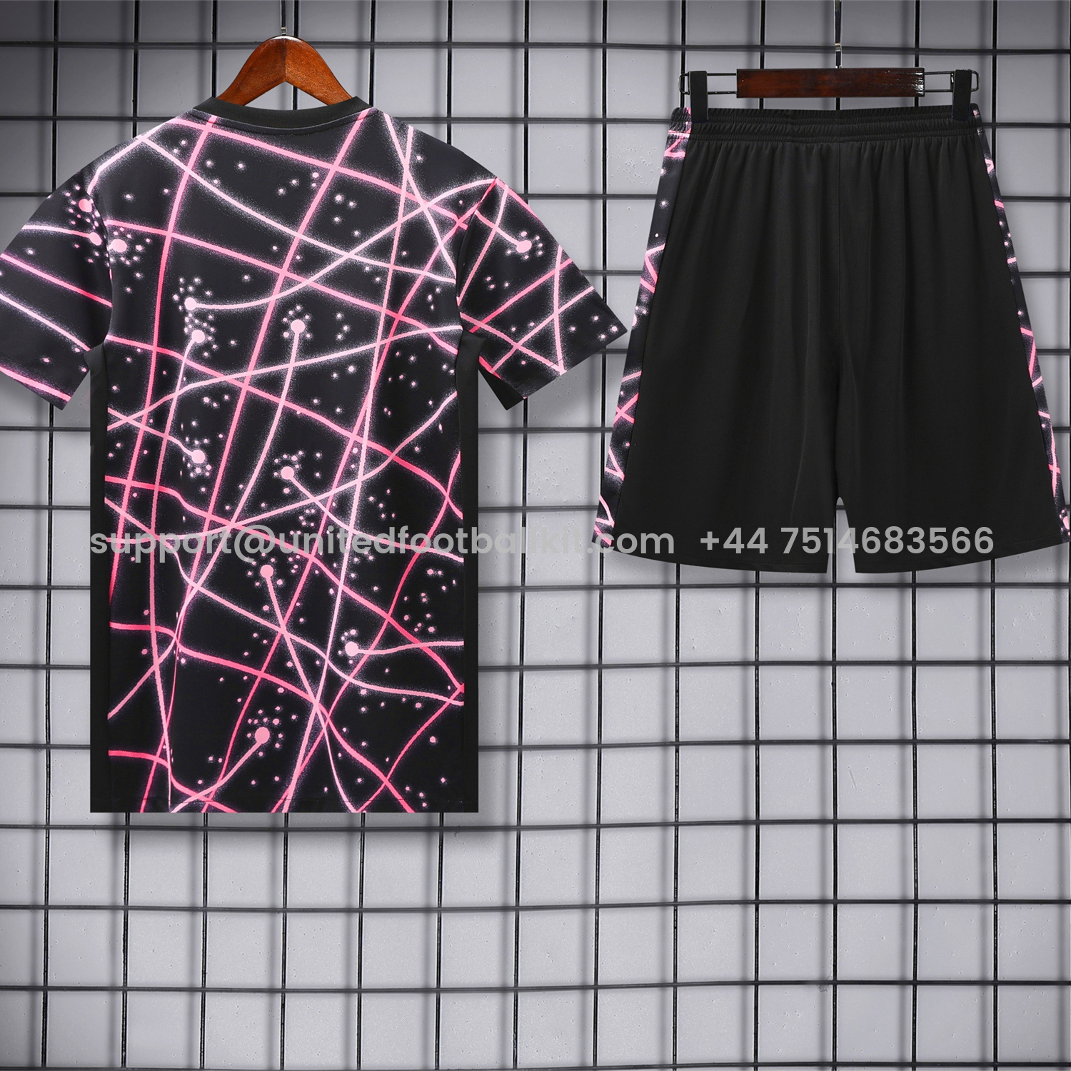 Unitedfootballkit.com | Paris Saint-Germain PSG 25-26 Short-Sleeve Training Set - Pink Fluorescent Rays Black Top & Black Shorts -Customize Name, Number and Patch | Worldwide Shipping