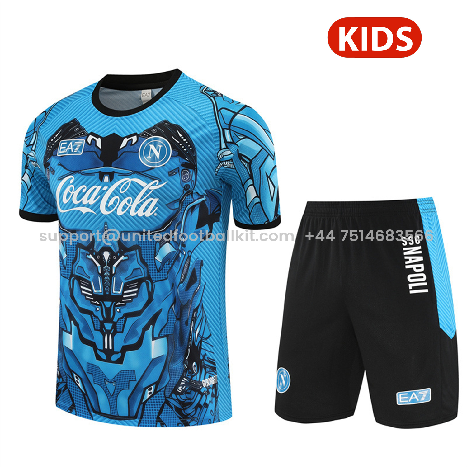 Unitedfootballkit.com | Napoli 25-26 Kids Short-Sleeve Training Set - Blue Mecha Top & Black Shorts -Customize Name, Number and Patch | Worldwide Shipping