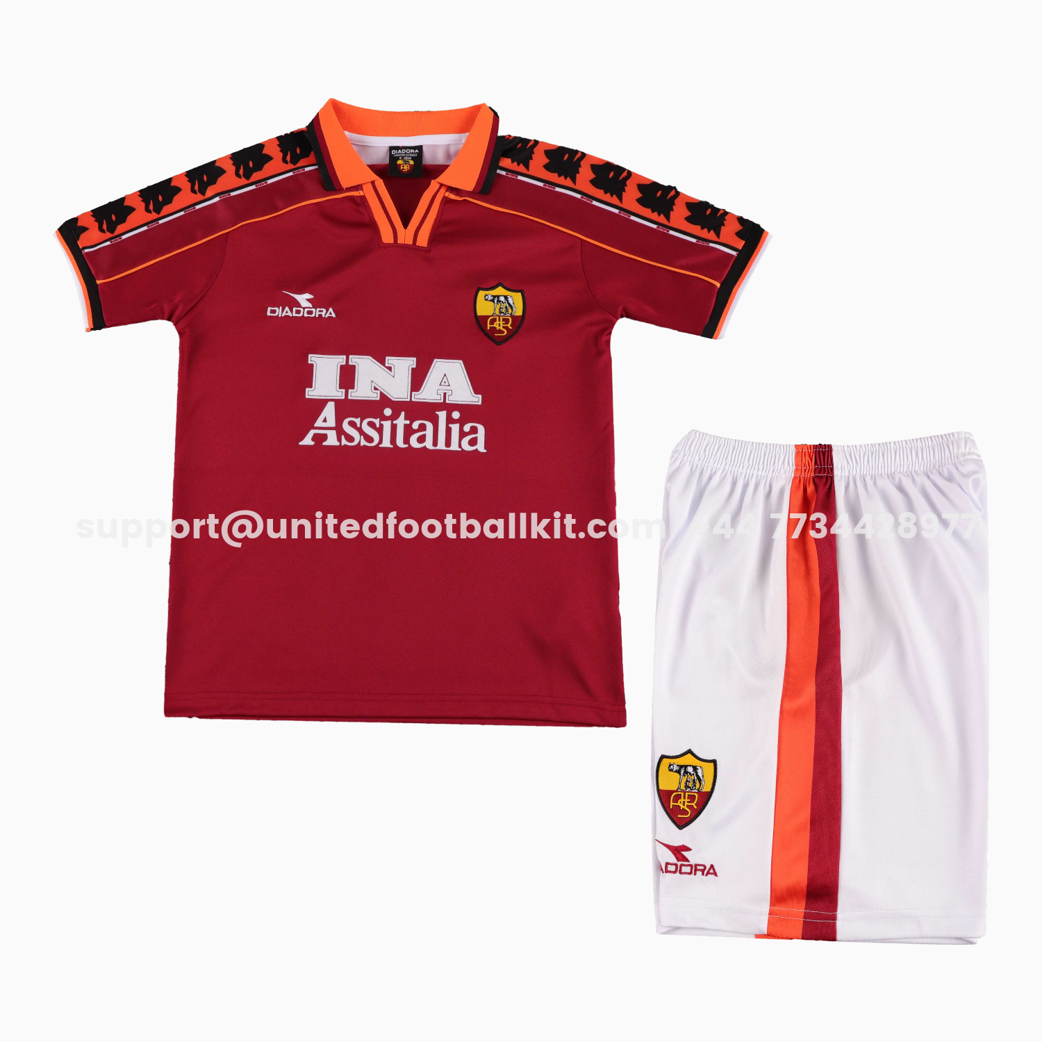Unitedfootballkit.com | Retro Roma 1998-99 Home Kids Kit -Customize Name, Number and Patch | Worldwide Shipping