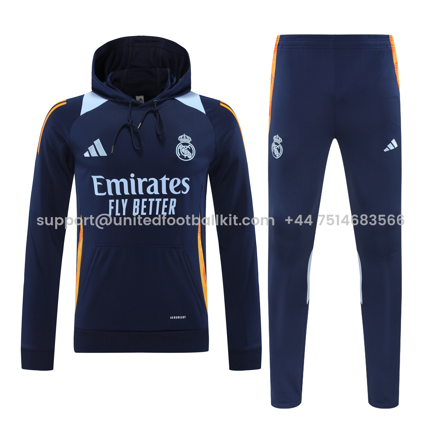 Unitedfootballkit.com | Real Madrid 24-25 Training Hoodie Set - Royal Blue Hoodie and Pants -Customize Name, Number and Patch | Worldwide Shipping
