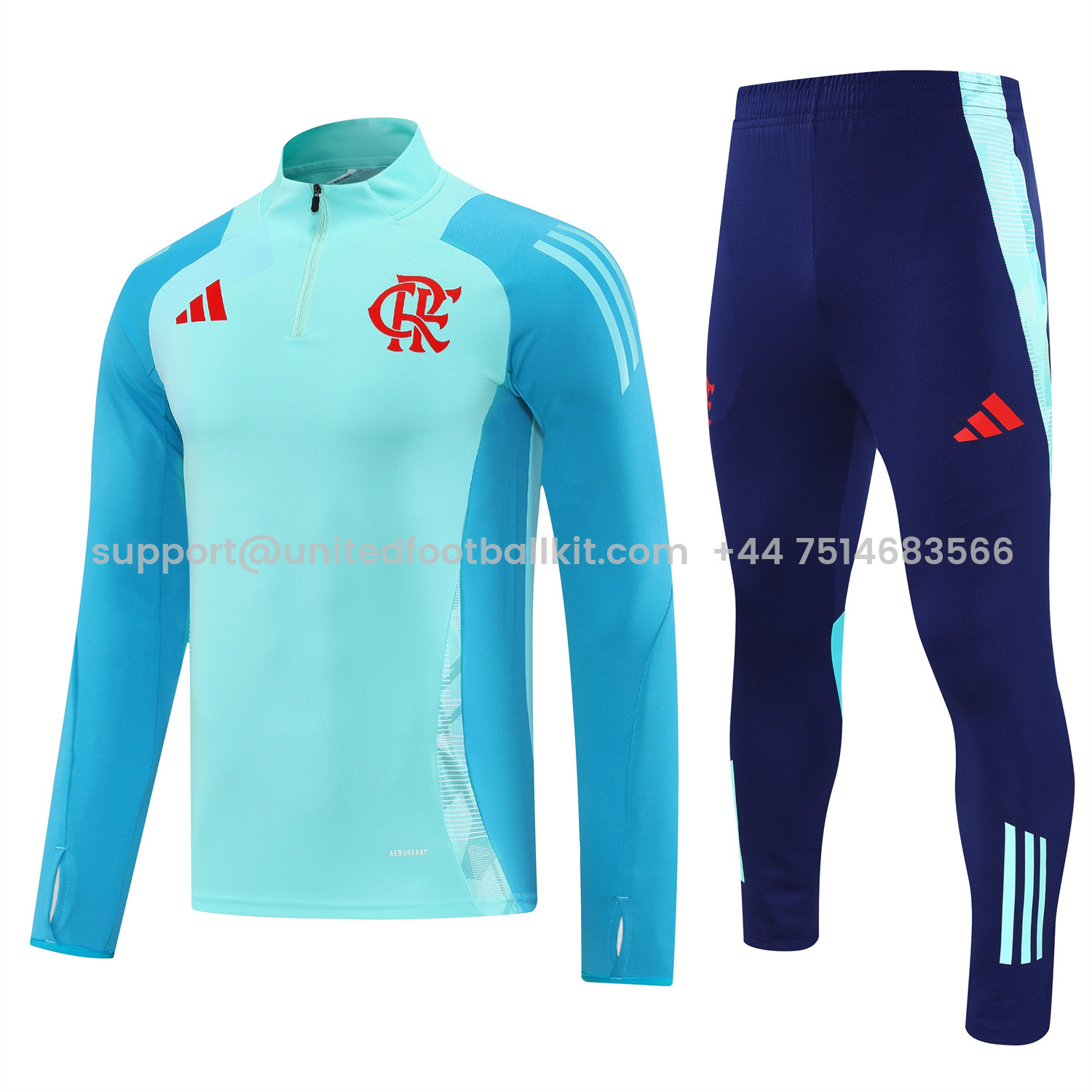 Unitedfootballkit.com | Flamengo 25-26 Long Sleeve Training Set - Light Blue Top & Deep Blue Pants -Customize Name, Number and Patch | Worldwide Shipping