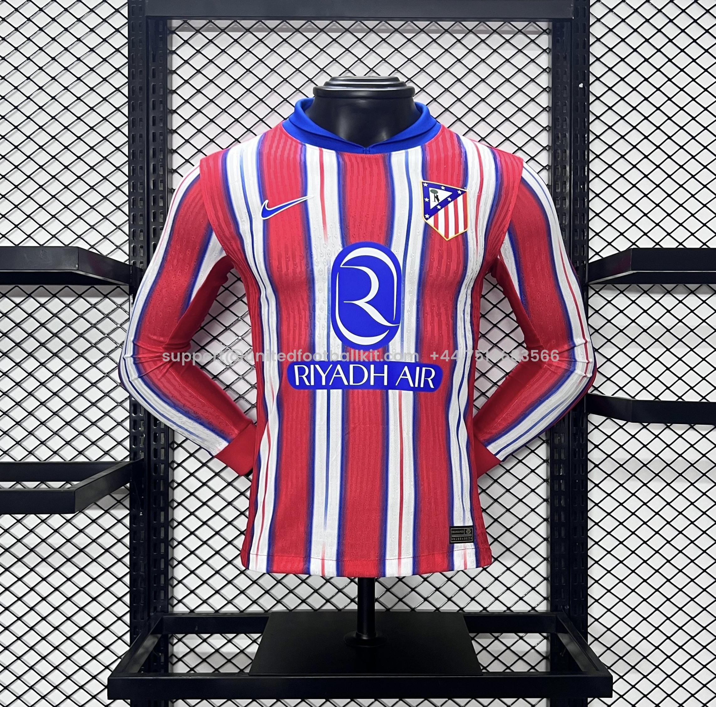Unitedfootballkit.com | Atletico Madrid 24-25 Home Long Sleeve Jersey - Player Version -Customize Name, Number and Patch | Worldwide Shipping