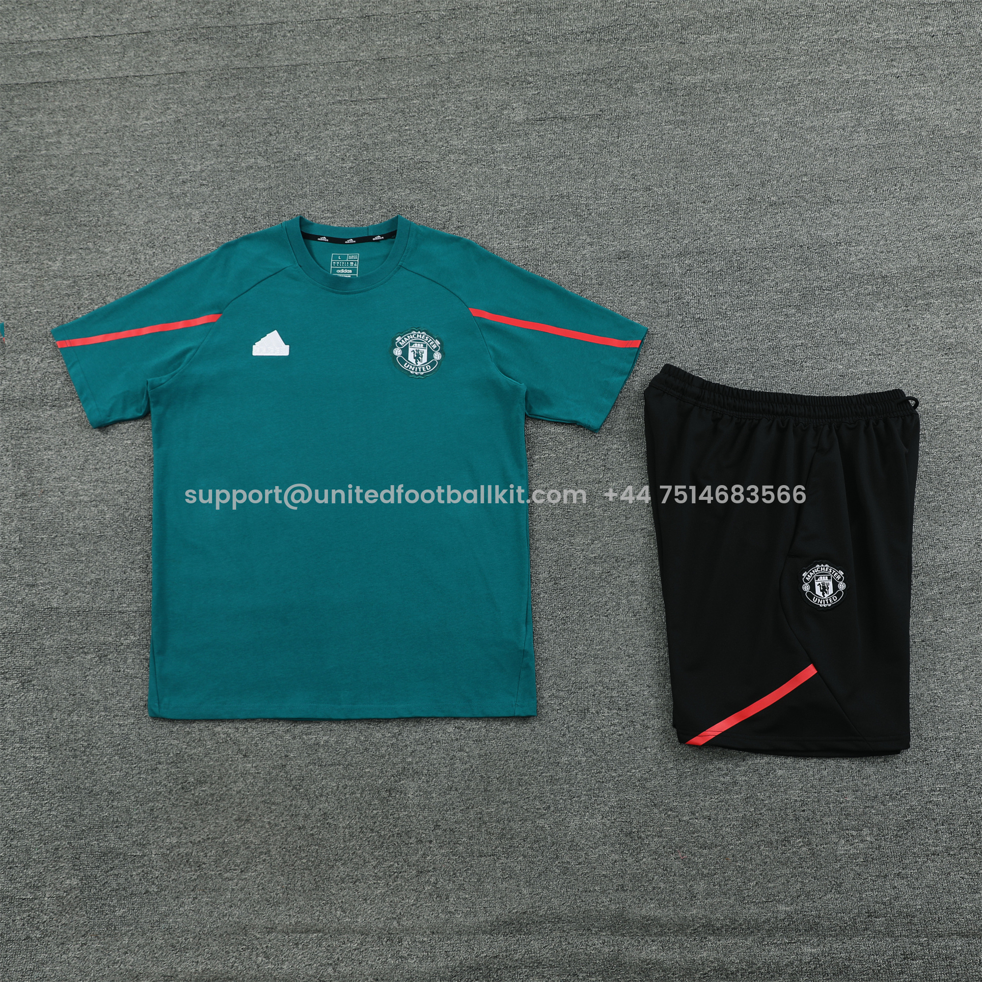 Unitedfootballkit.com | Manchester United 24-25 Short-Sleeve Training Set - Deep Green Top & Grey Shorts -Customize Name, Number and Patch | Worldwide Shipping