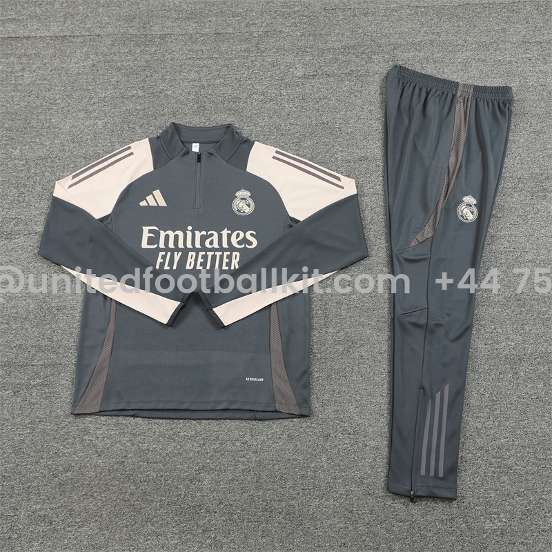 Unitedfootballkit.com | Real Madrid 24-25 Long Sleeve Training Set - Deep Grey -Customize Name, Number and Patch | Worldwide Shipping