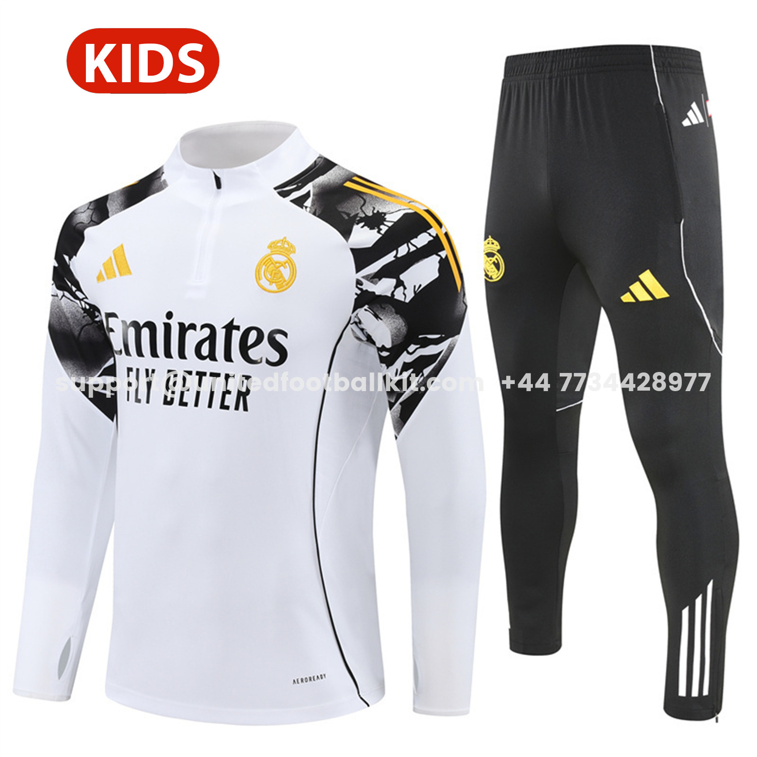 Unitedfootballkit.com | Real Madrid 25-26 Kids Long Sleeve Training Set - White Top & Black Pants -Customize Name, Number and Patch | Worldwide Shipping