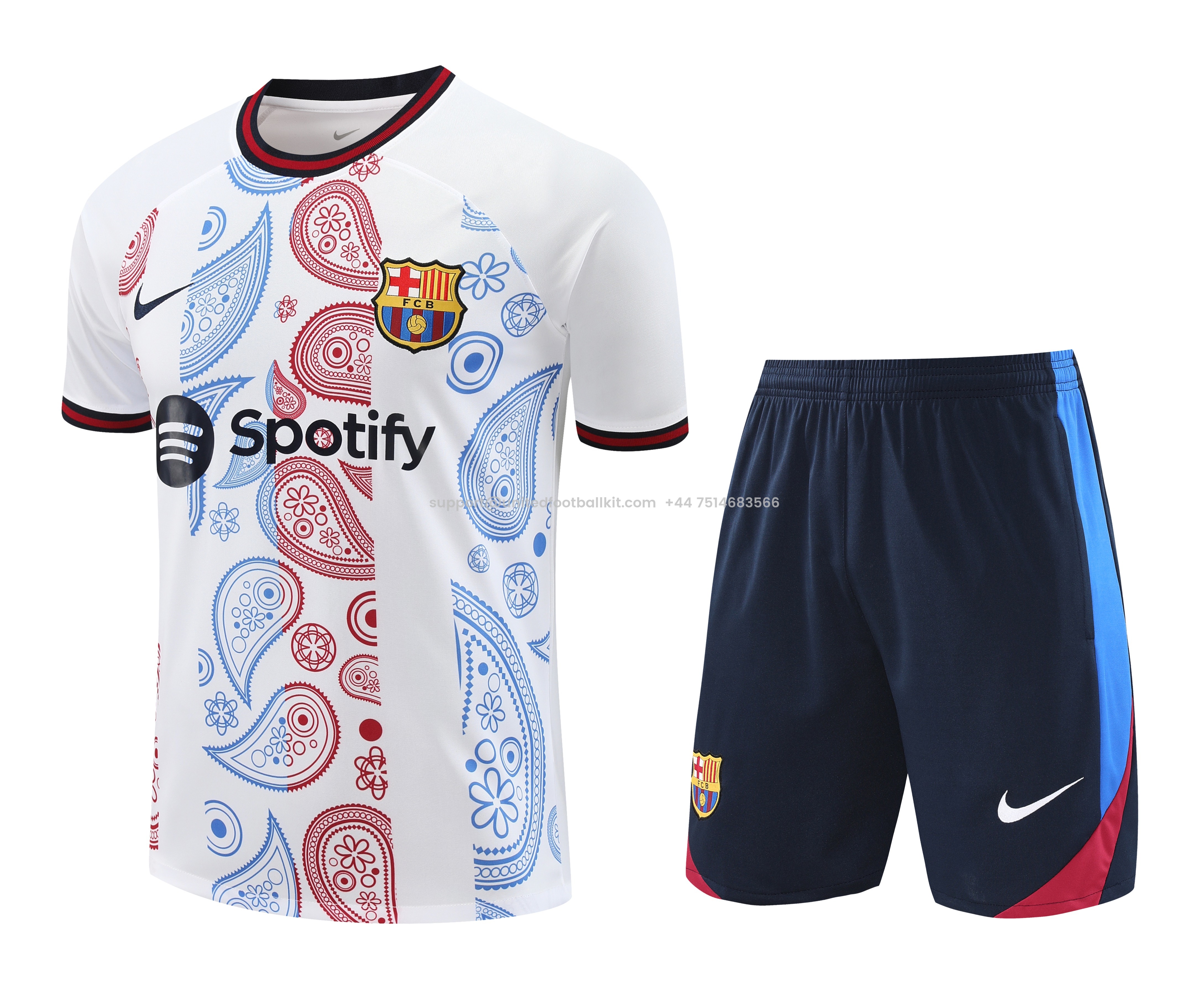 Unitedfootballkit.com | Barcelona 24-25 Short-Sleeve Training Set - White with Pattern -Customize Name, Number and Patch | Worldwide Shipping