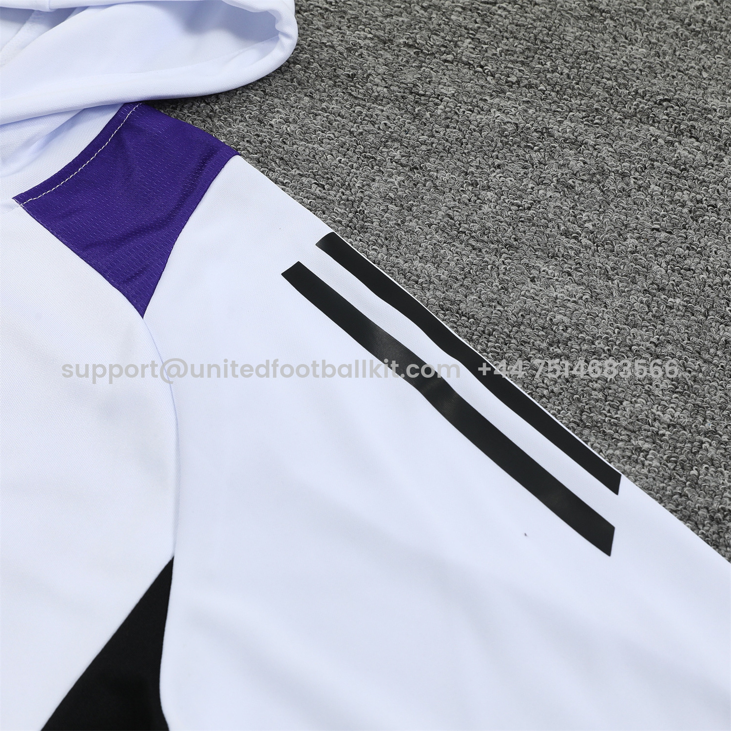 Unitedfootballkit.com | Real Madrid 24-25 Training Hoodie Set - White Hoodie and Black Pants -Customize Name, Number and Patch | Worldwide Shipping