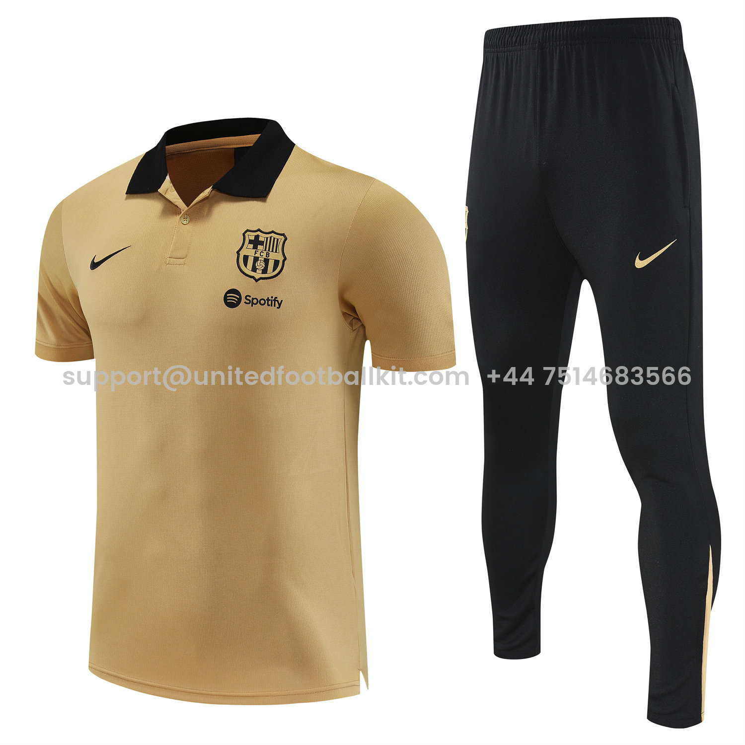 Unitedfootballkit.com | Barcelona 25-26 POLO Short-Sleeve Training Set - Light Brown Top and Black Pants -Customize Name, Number and Patch | Worldwide Shipping